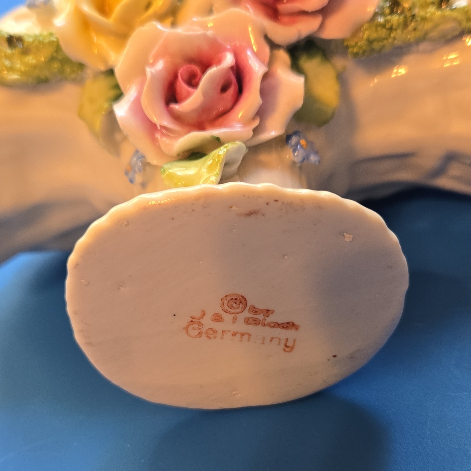 J & B Block Germany Porcelain Floral Flower Basket Handle 8x8x5 1/2″