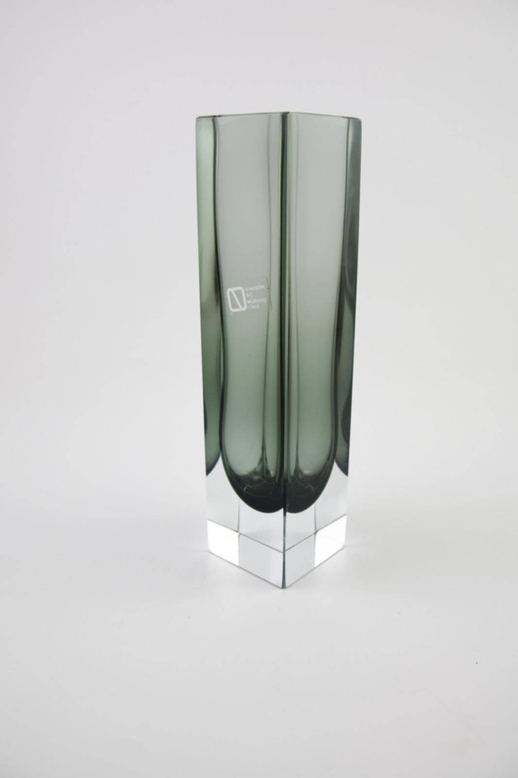 Vintage V. Nason & C. Murano Italy Smoked Gray & Clear Glass Vase With Label