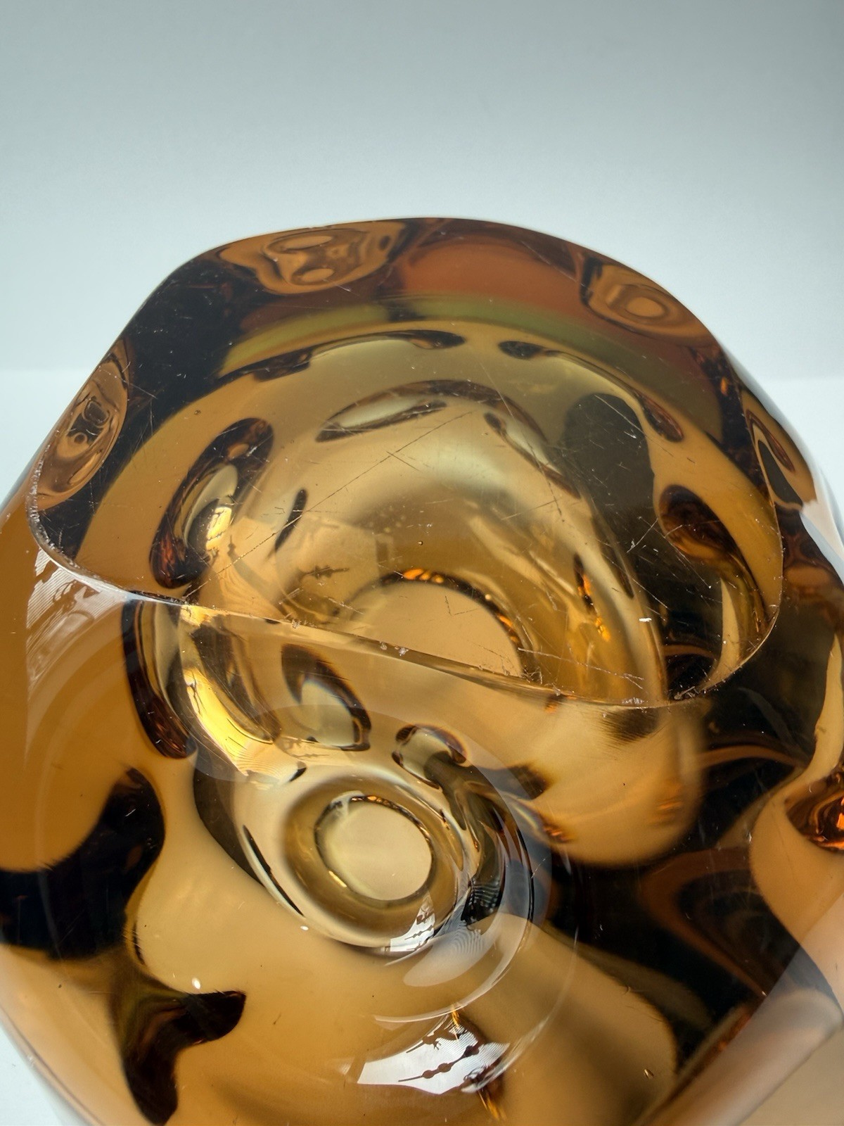 VTG • Jan Beranek Skrdlovice Czech • Art Glass • MCM Dimpled Amber Vase • 4 1/4”