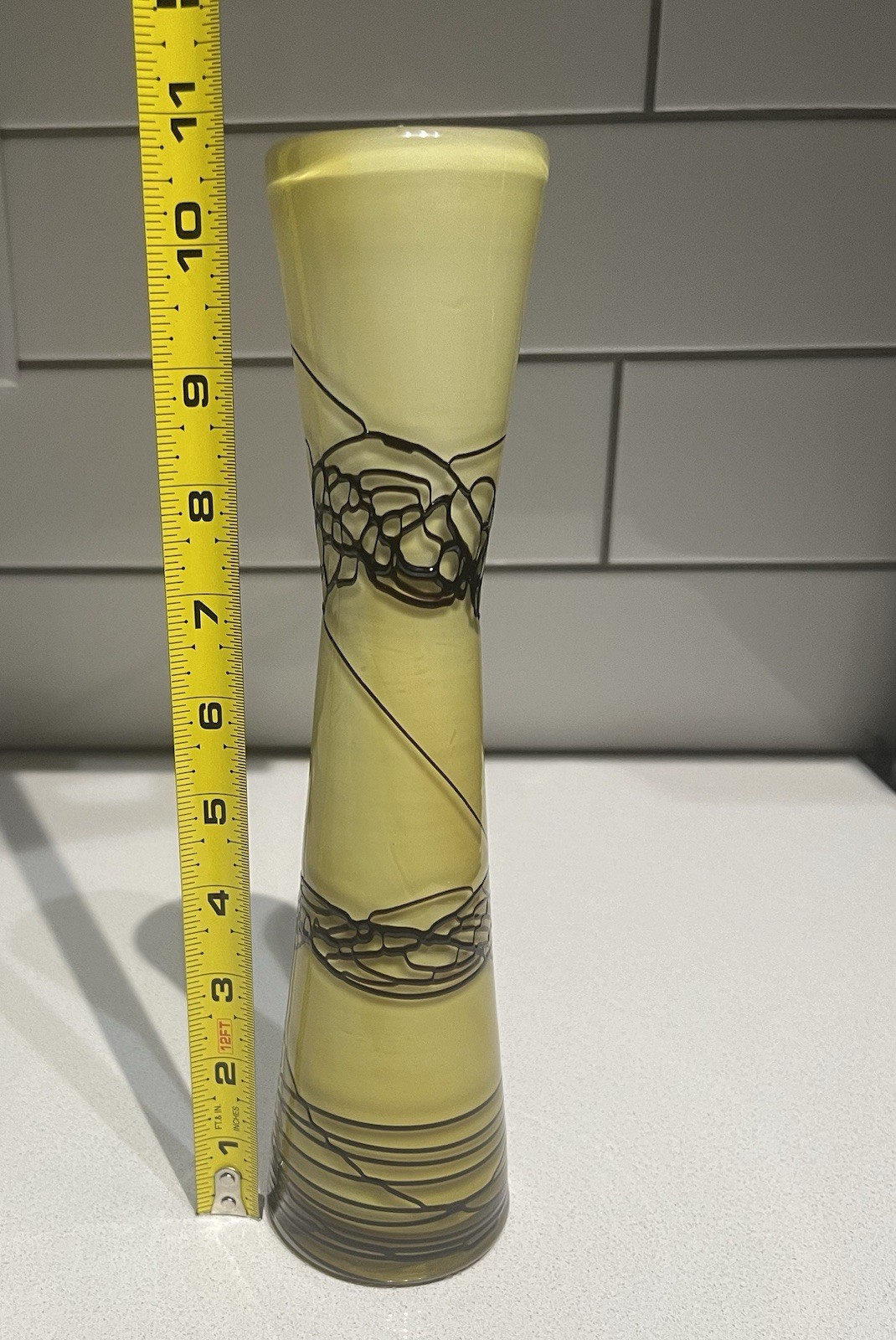 Arte Murano Style Yellow Cased White Art Nouveau Glass Vase Brown Threads
