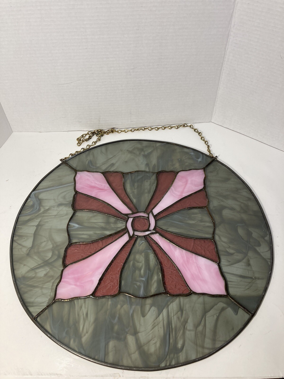Large 18.5” Handmade Leaded Stained Glass Round Medallion Panel-Mauve-Pink-Gray