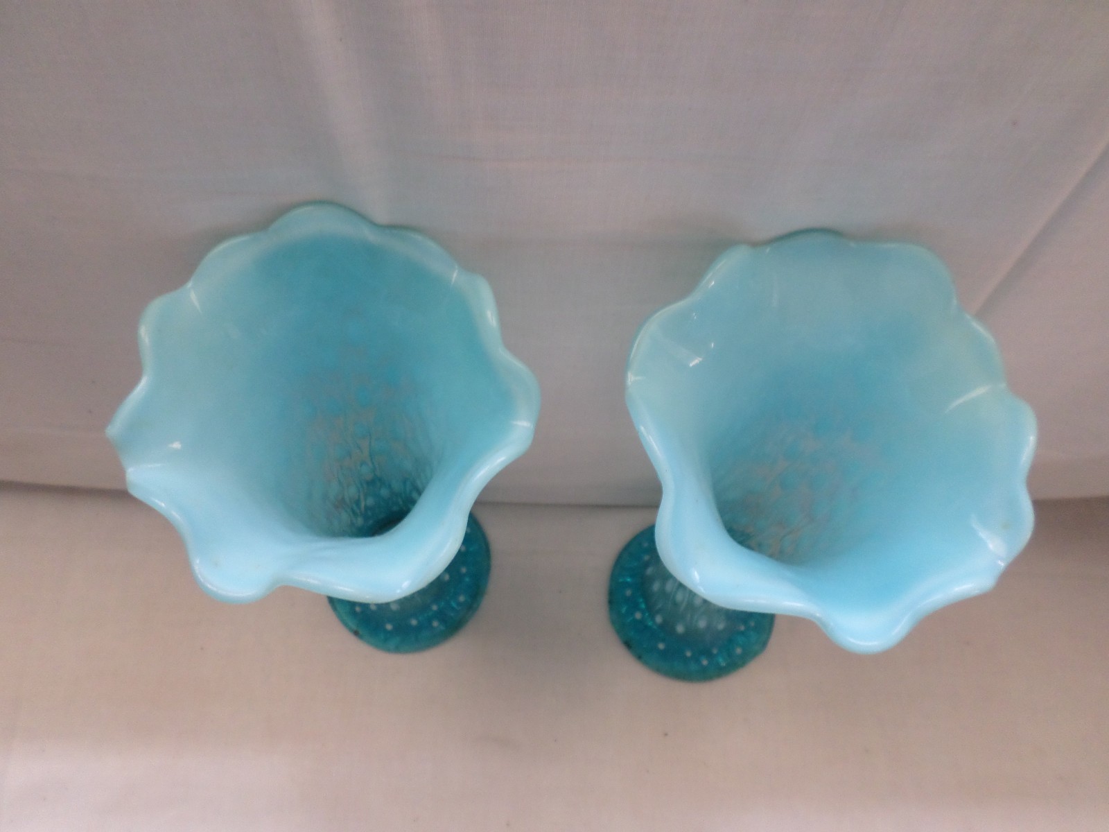 Antique Pair of Northwood Swung Opalescent Blue Glass Tree Trunk Vases 9.75″ T
