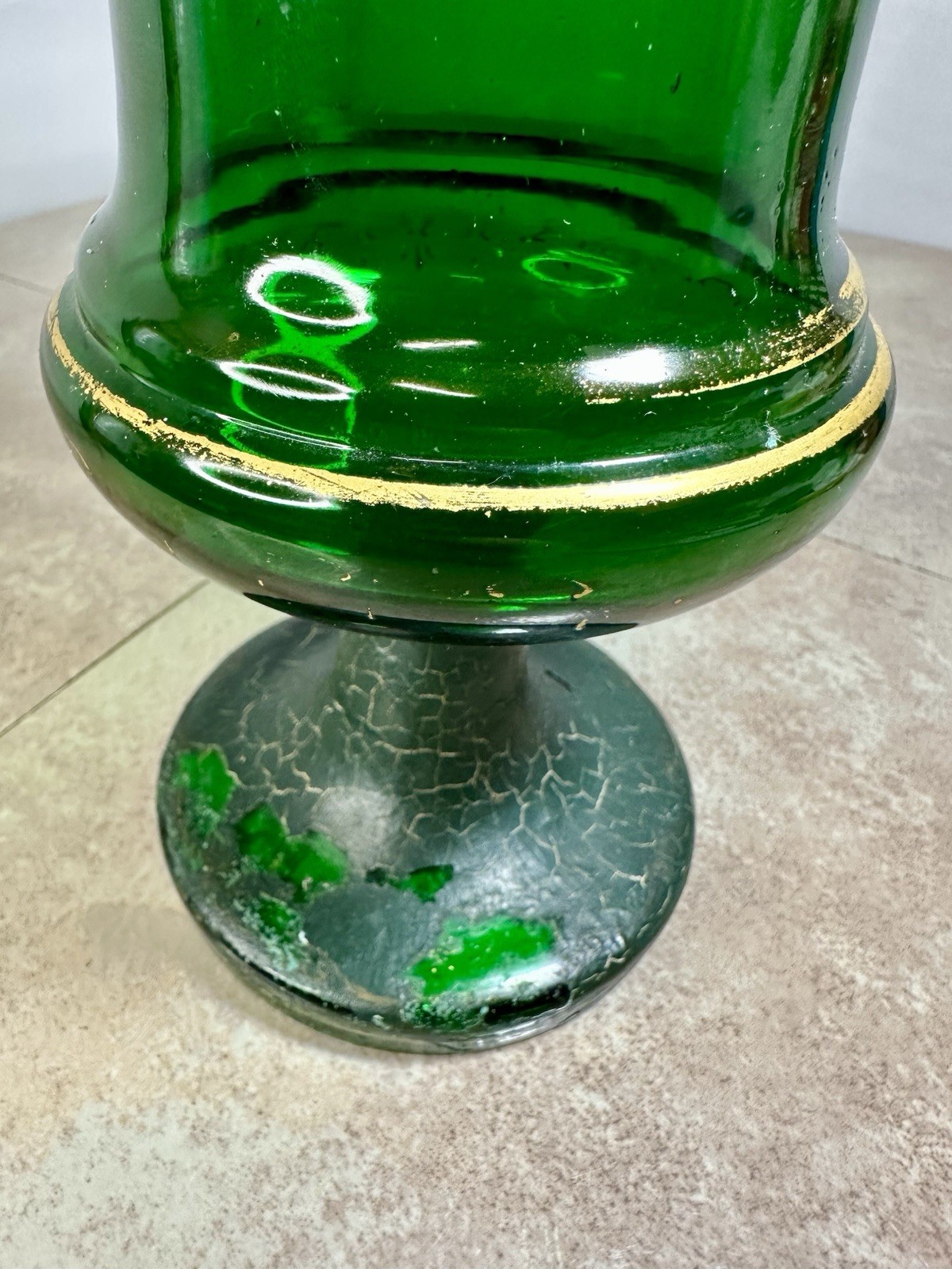 Antique 19th C Moser Green Glass Bird & Flowers Gold Gilt Vase Applied Porcelain