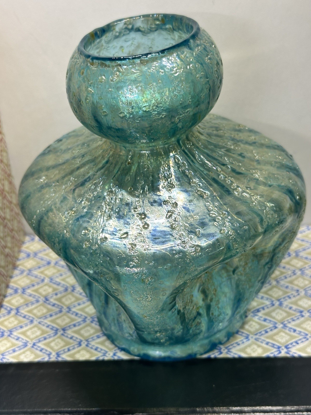 Antique Dugan Glass Iridescent Blue/Green Sq Vase-Round Pinched Early 1900’s 6″