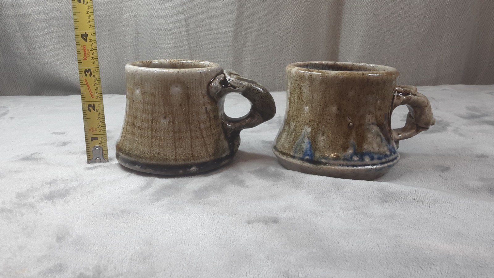 Signed Studio Pottery Mugs Hand Thrown Stoneware Pair Ash/Shino Glaze Vintage