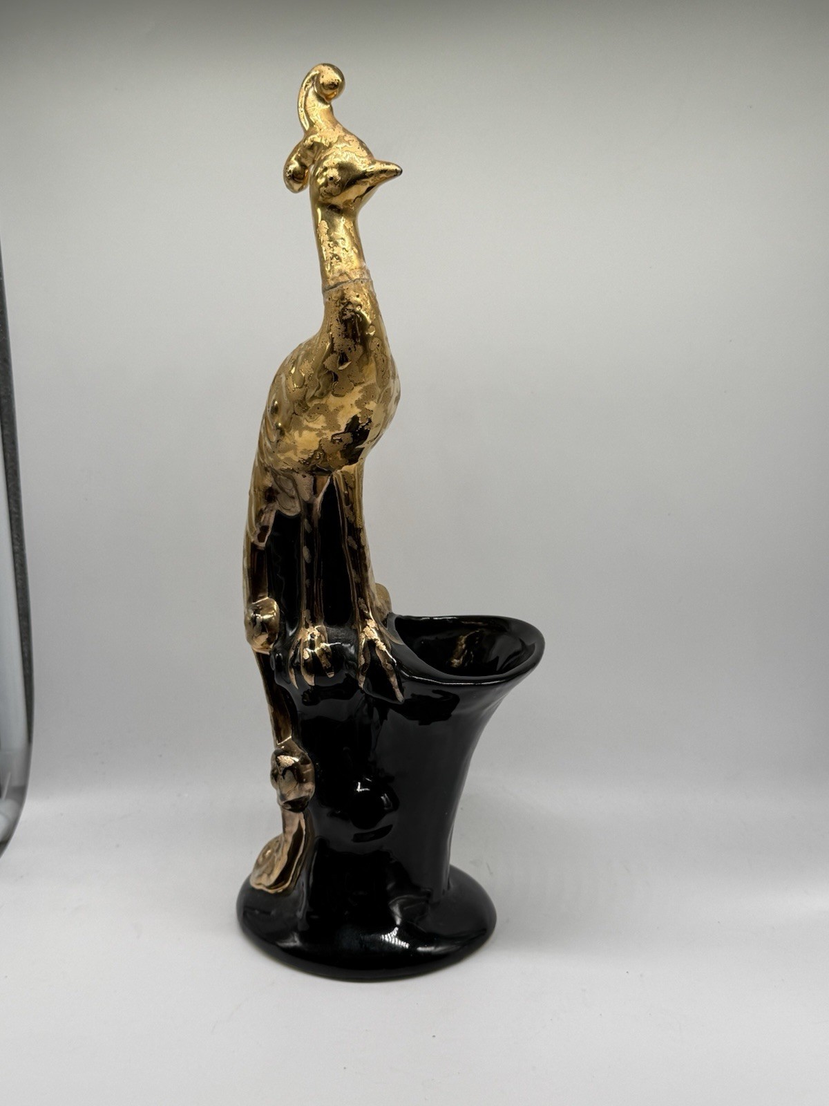Beautiful Vintage 24K Gold With Black USA Peacock Planter Vase 13” x 5” 1920s