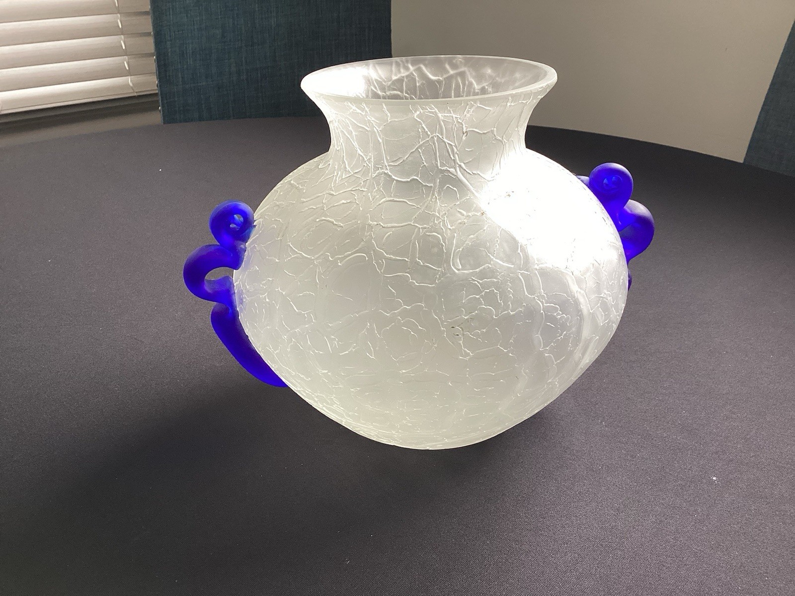 Studio Art Frosted White Crackle Vase With Cobalt Blue Handles