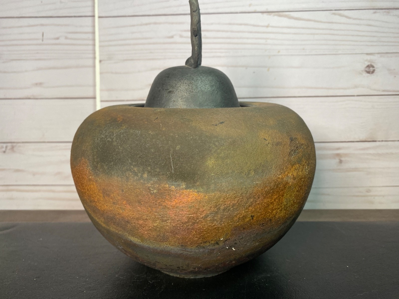Jay Gogin 85 Signed Raku Pottery Vessel Vase with Buddha Lid with Cutout Diamond