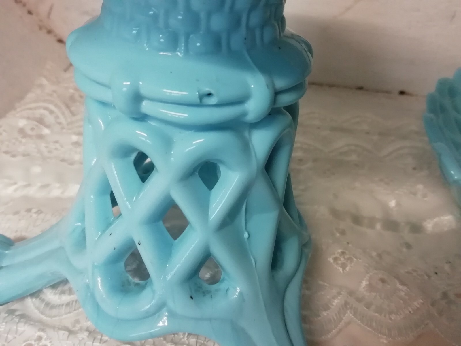 Antique Victorian Sowerby Blue Vitro Porcelain Milk Glass Basket Weave Comport