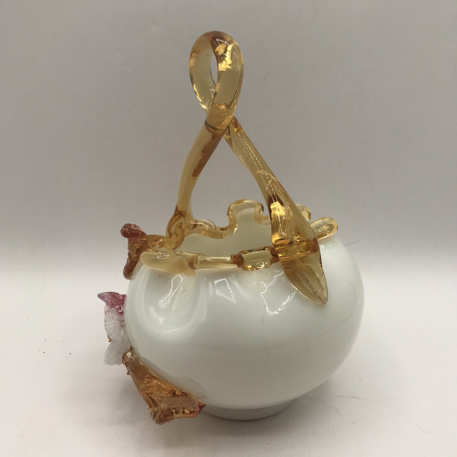 Antique Stevens & Williams Basket Amber Crest & Handle, Flower on White – GLOWS!