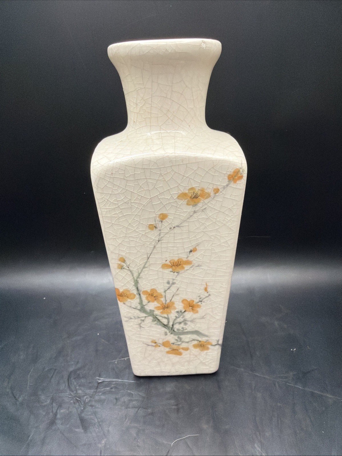 Handmade Pottery Crackle Glaze Beige Floral Cherry Blossom Japan Style Vase 6.5”