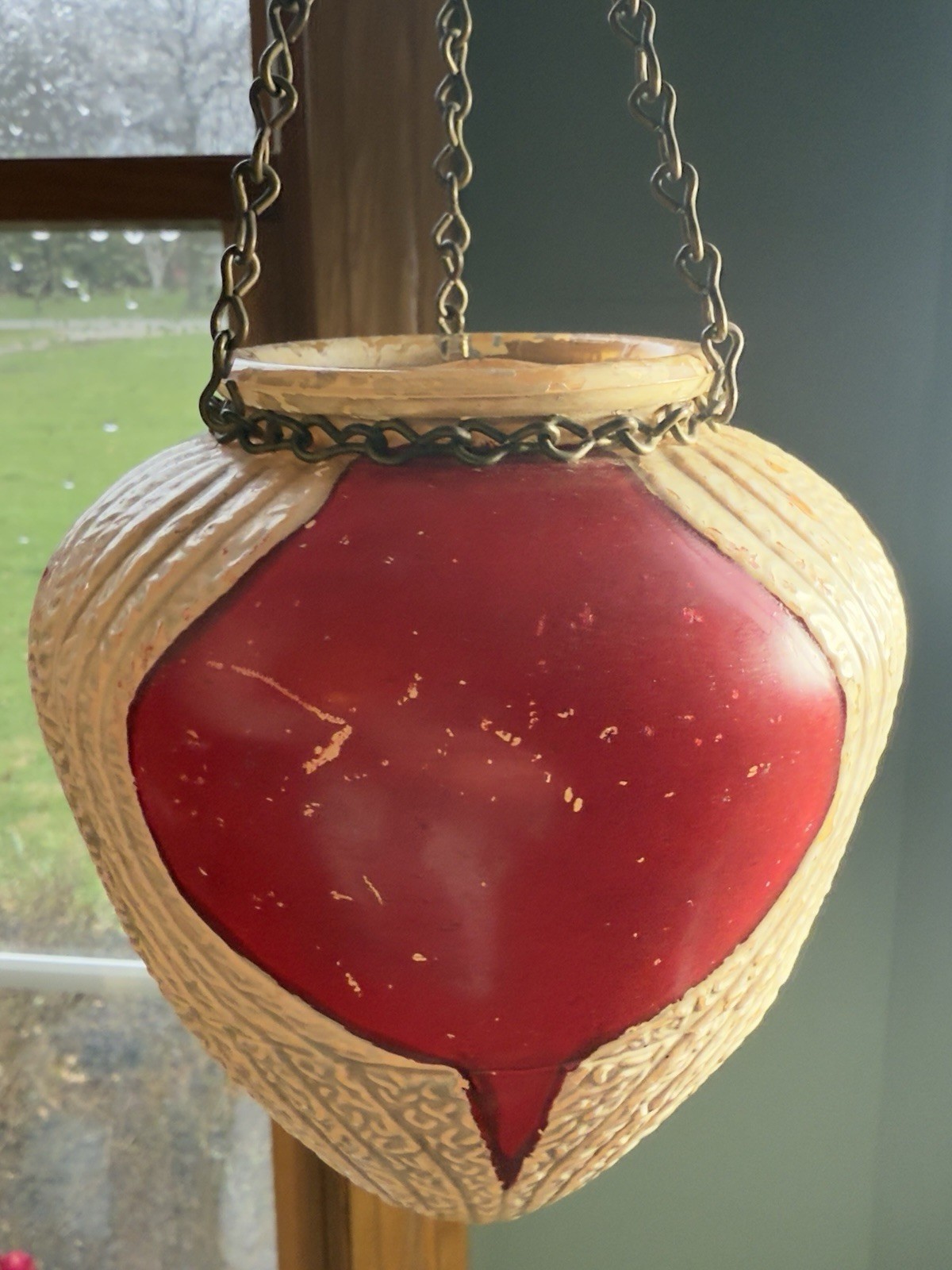 ANTIQUE ART DECO HANGING GLASS RED & WHITE VASE OR PLANTER *COSMETIC FLAWS