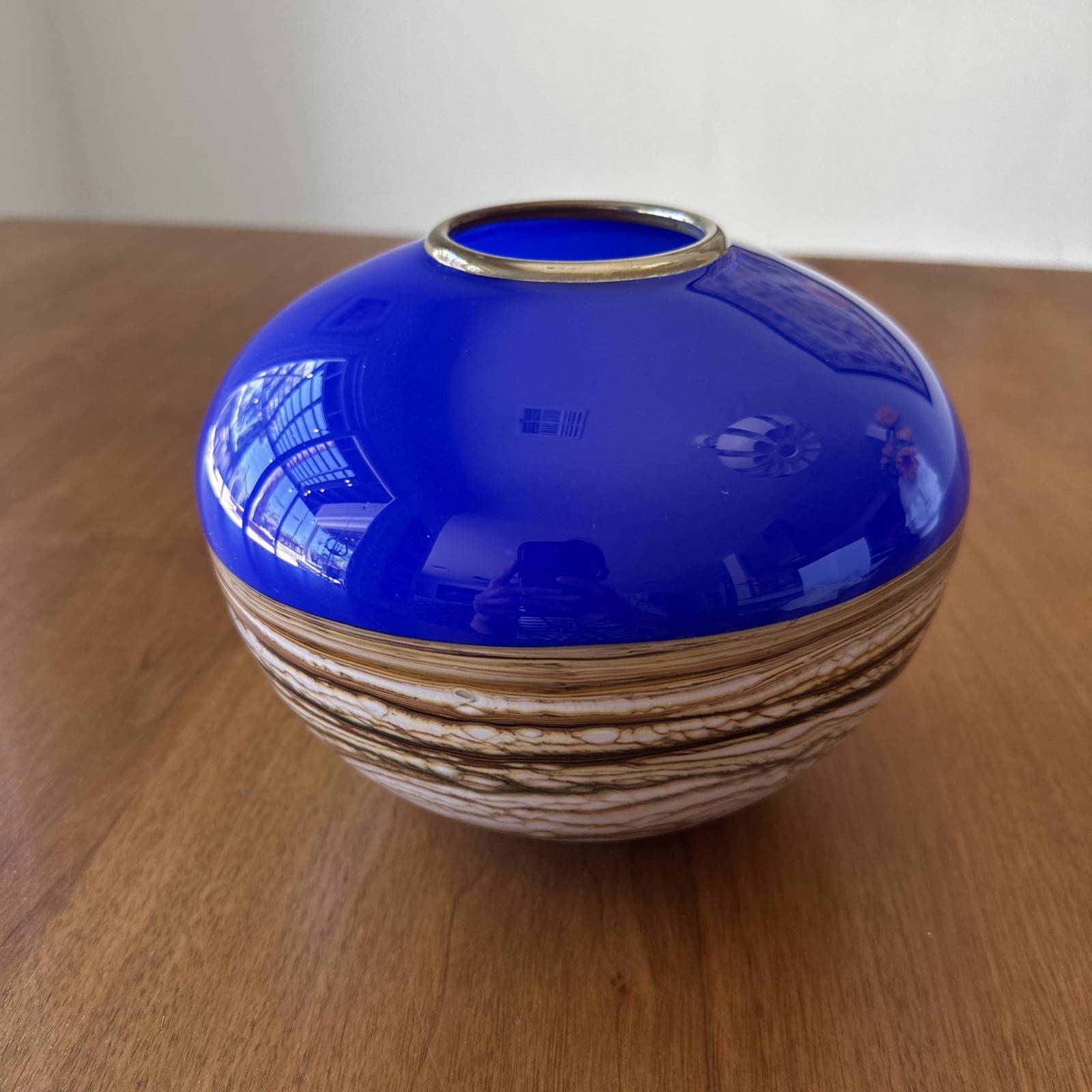 GARTNER BLADE Blown Glass Vase Cobalt Blue Beautiful Round Strata Gold Rim 2005