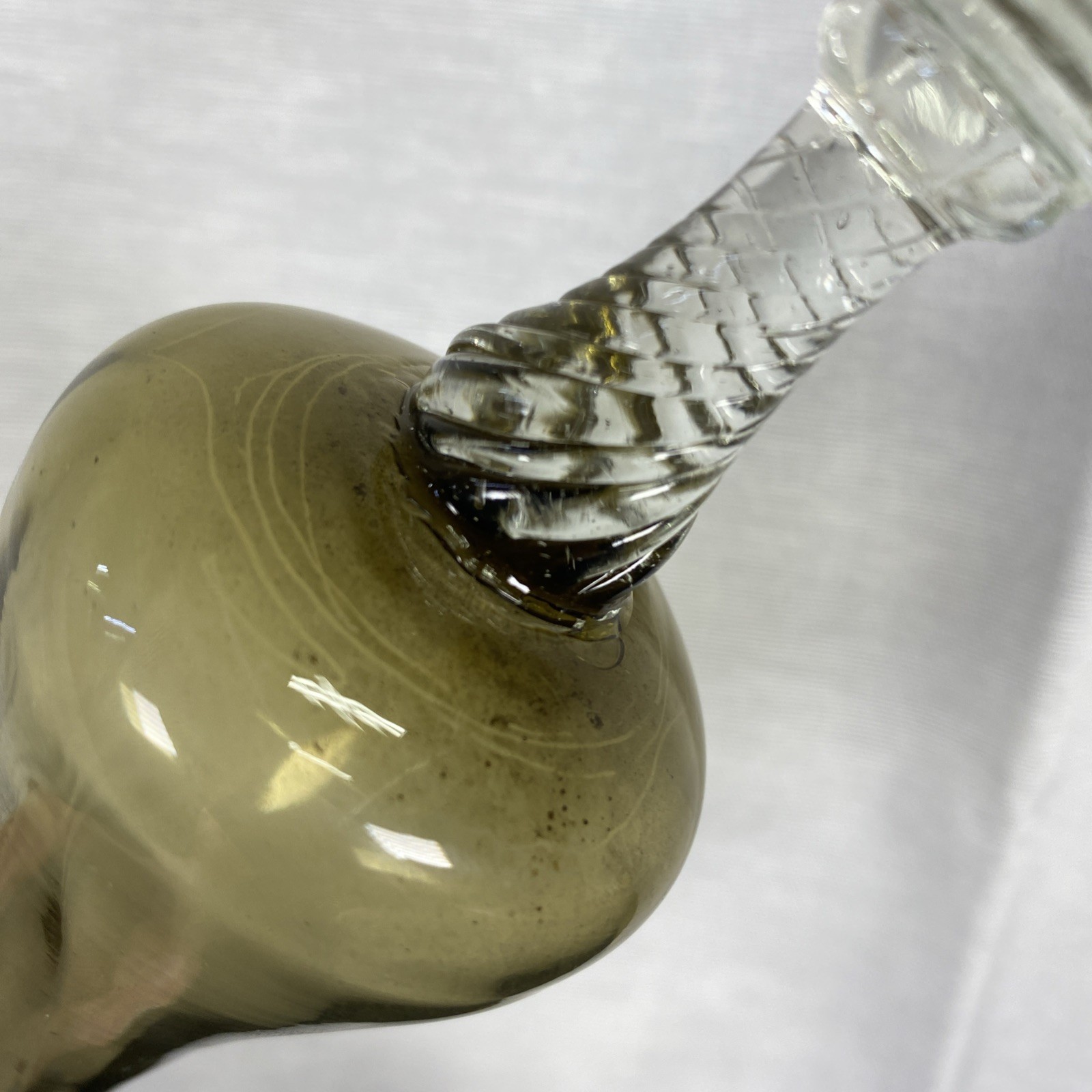 Vintage 8” Smoky Olive Fluted Glass Bud Vase Scalloped Rim Twisted Spun Stem MCM