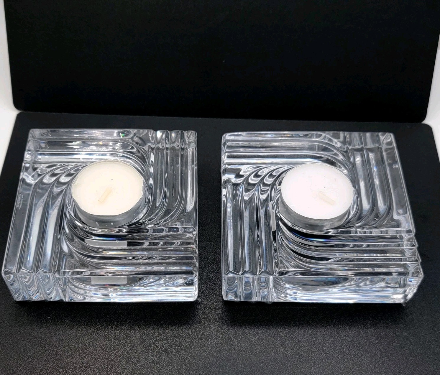 2 Marquis By Waterford Crystal Art Deco Square Votive Candle Holder Set