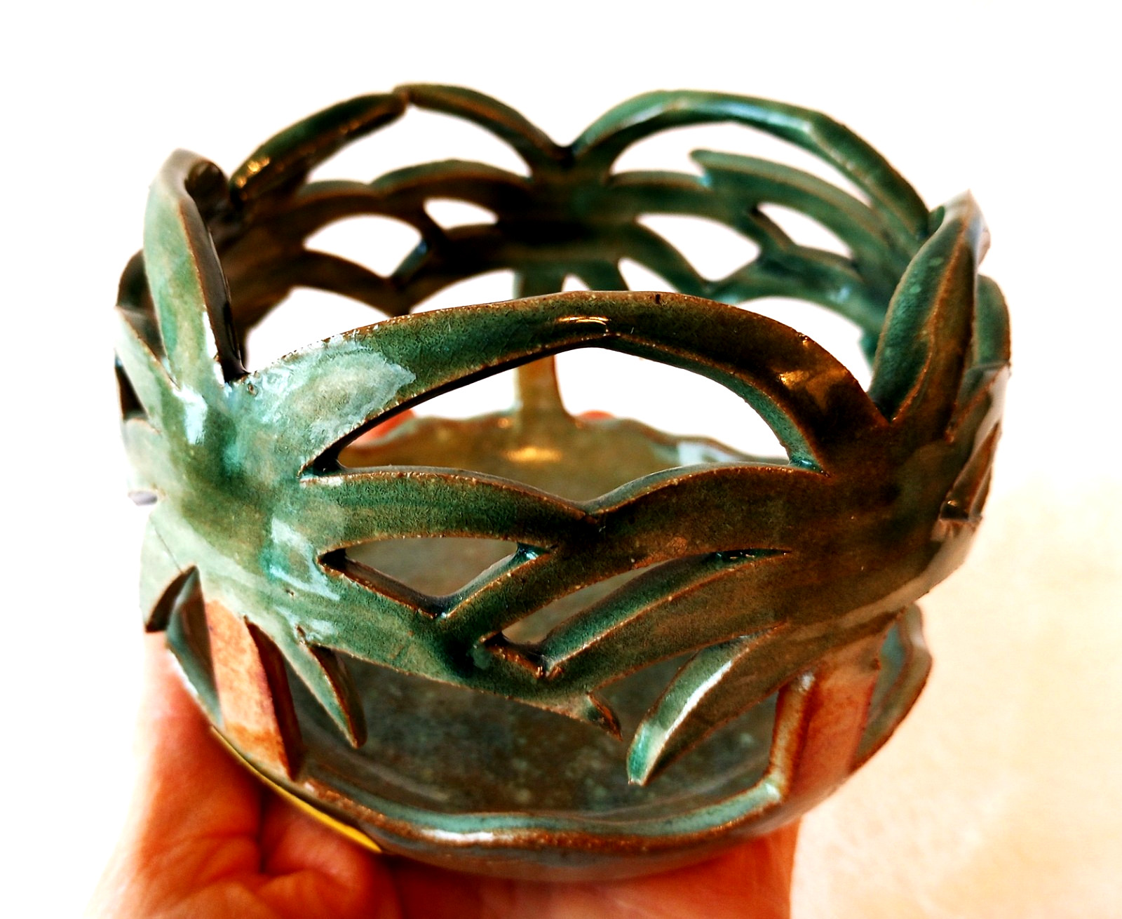 Art studio Pottery Palm Trees Motif Votive Candleholder Artist Signed Stoneware