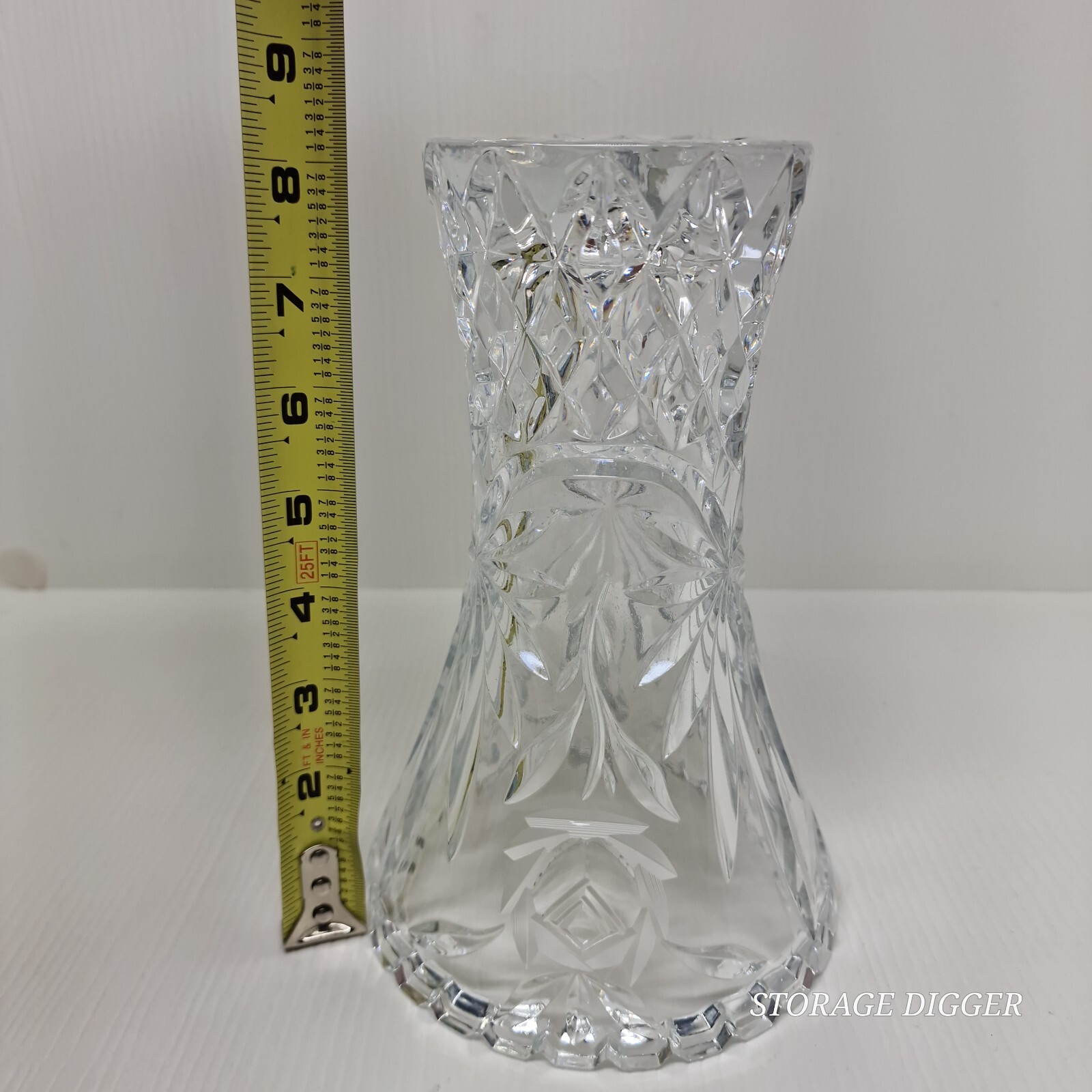 VTG Fluted Flared Heavy Lead Crystal Cut Glass Vase Etched Flower Rose 8.25″Tall