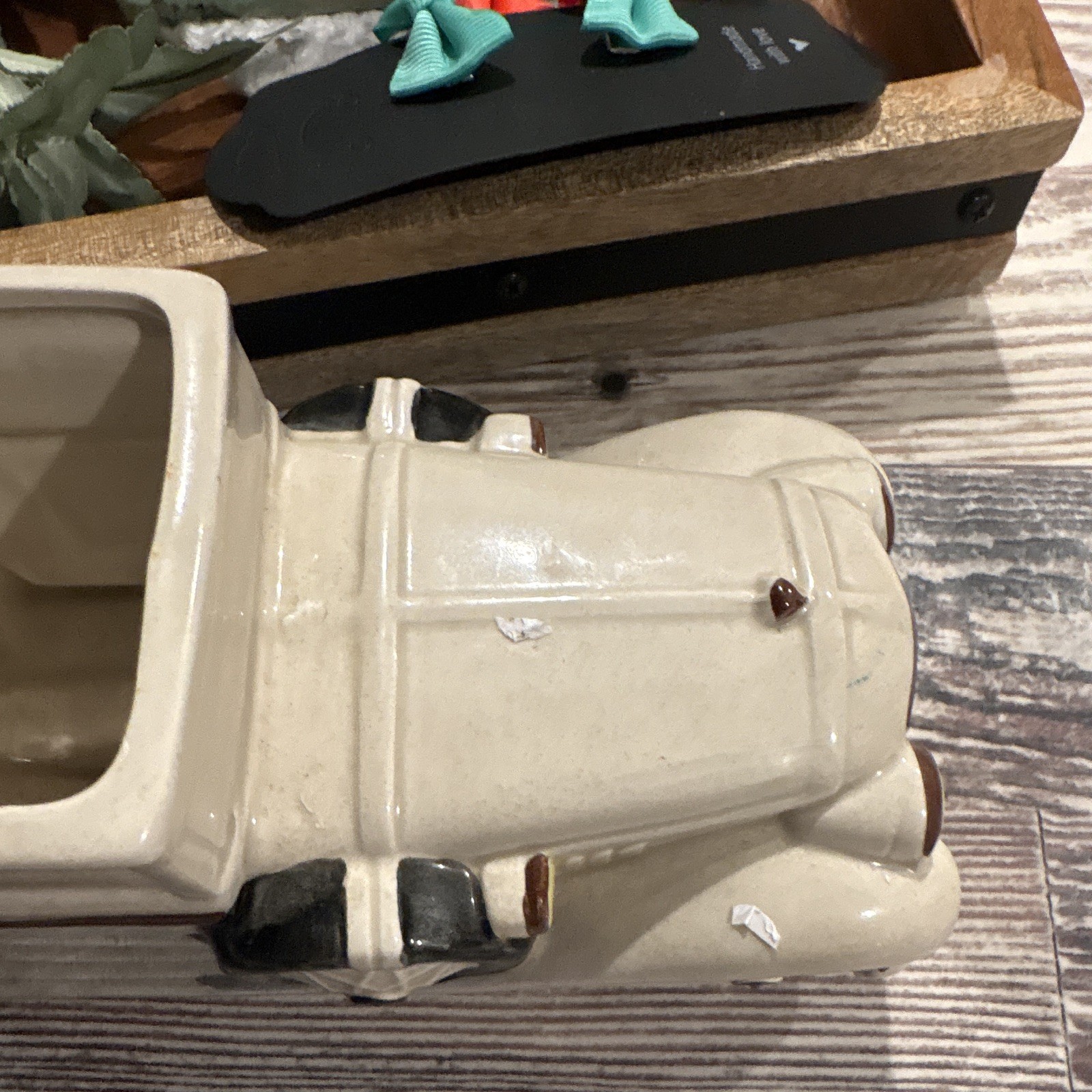 Ceramic Art Deco Car-Shaped Planter, Ivory/Black Glossy Open Top