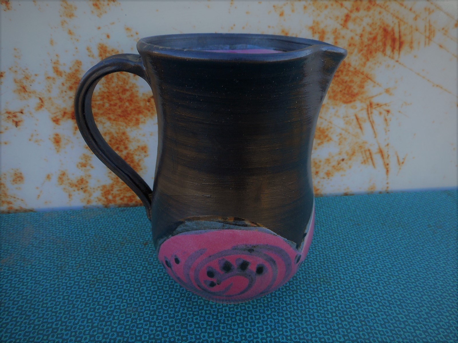 N. Bishop Art Pottery Vintage Pink Black Pitcher Vase Signed apx 6″ tall