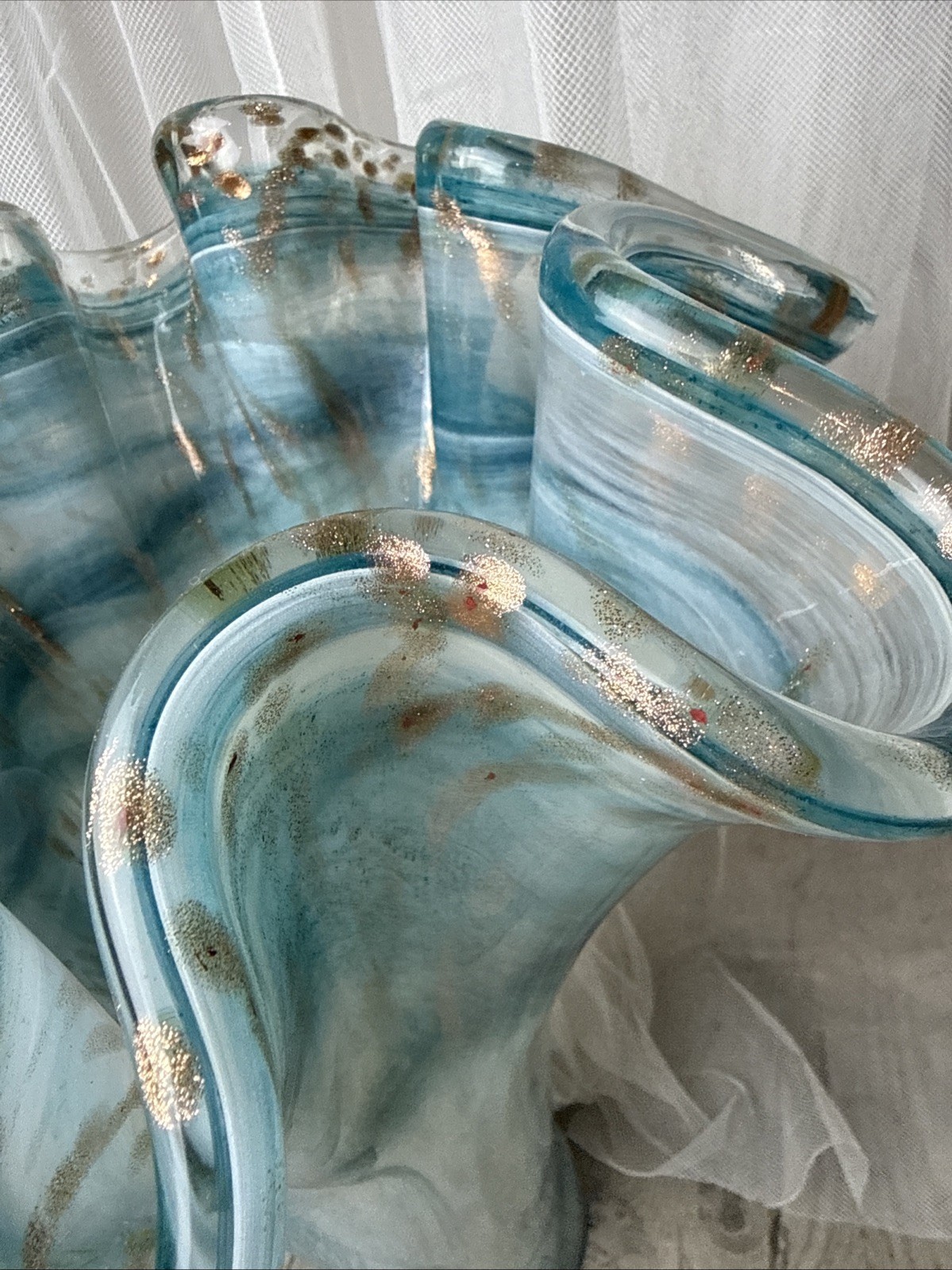 Murano Ruffle Top Light Blue & Gold Glass Vase 16″ H X 11″W X 11.5″D SEE PHOTOS!