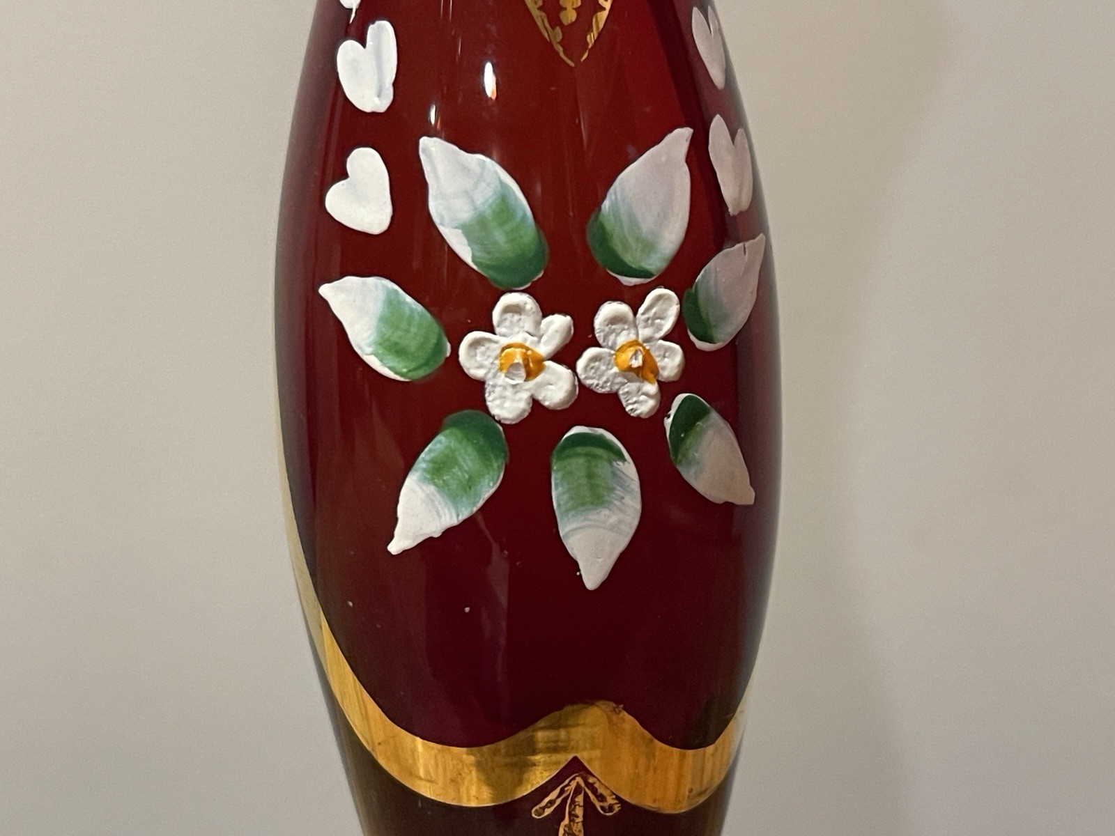 Vintage Ruby Red & Gold Glass Vase Hand-Painted Flowers 8” Tall.