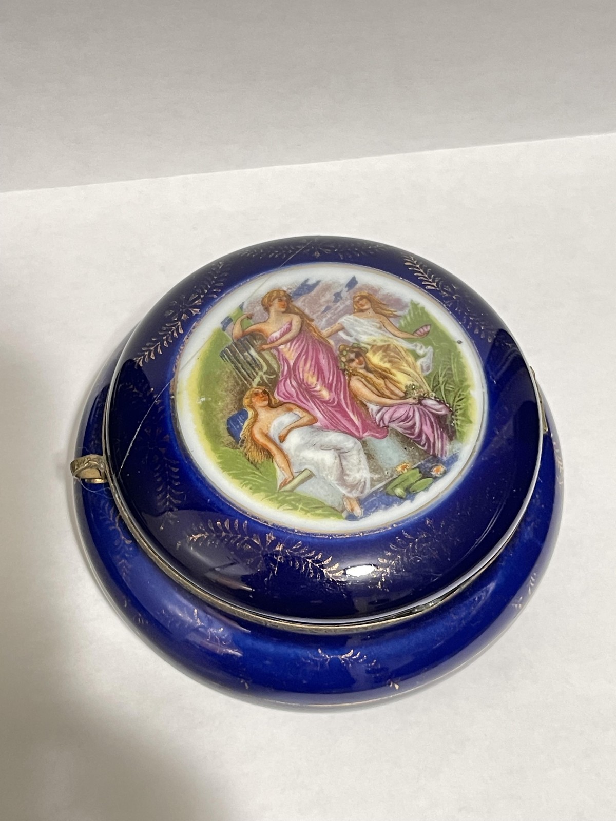 Vintage Cobalt Blue Porcelain Hinged Trinket Box Floral Victorian Scene Japan