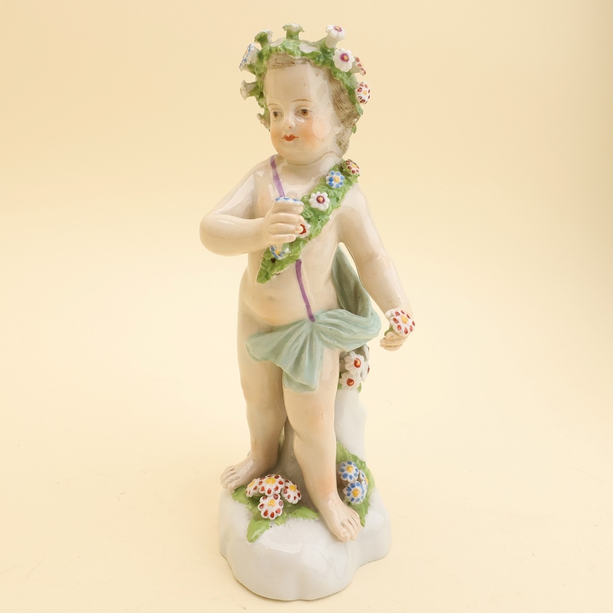 Georgian Pair Bow or Derby Style Porcelain Putti Figures Flower Wreaths & Crowns