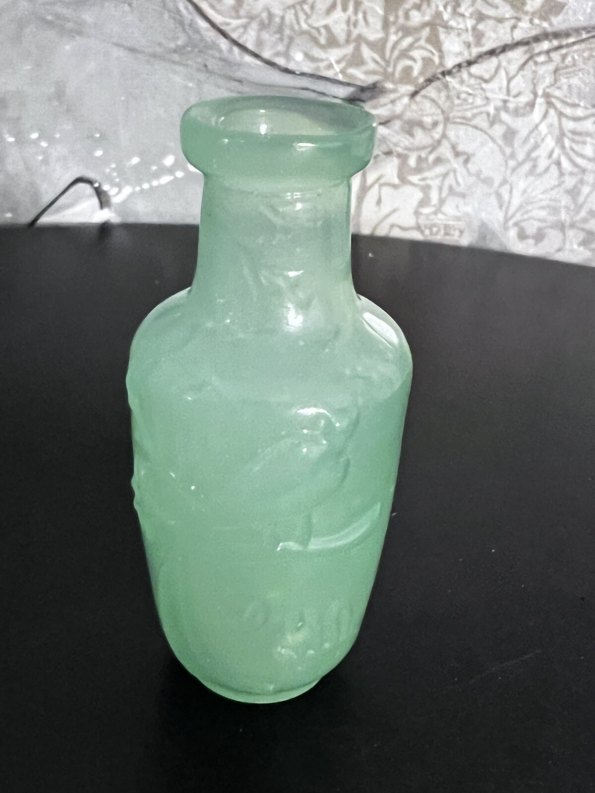 Jade Green Glass Mini Bottle Vase Bird On Branch – 3.5″