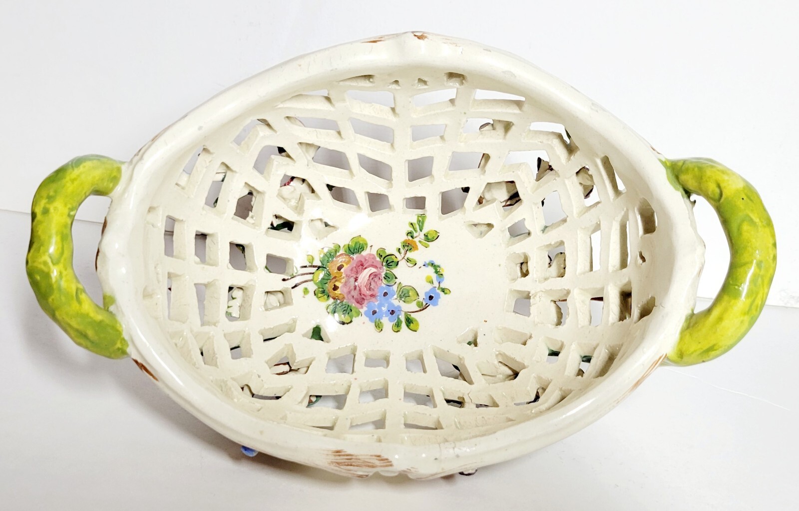 VTG Italian Handmade Hand-painted Reticulated Porcelain Basket with Flowers