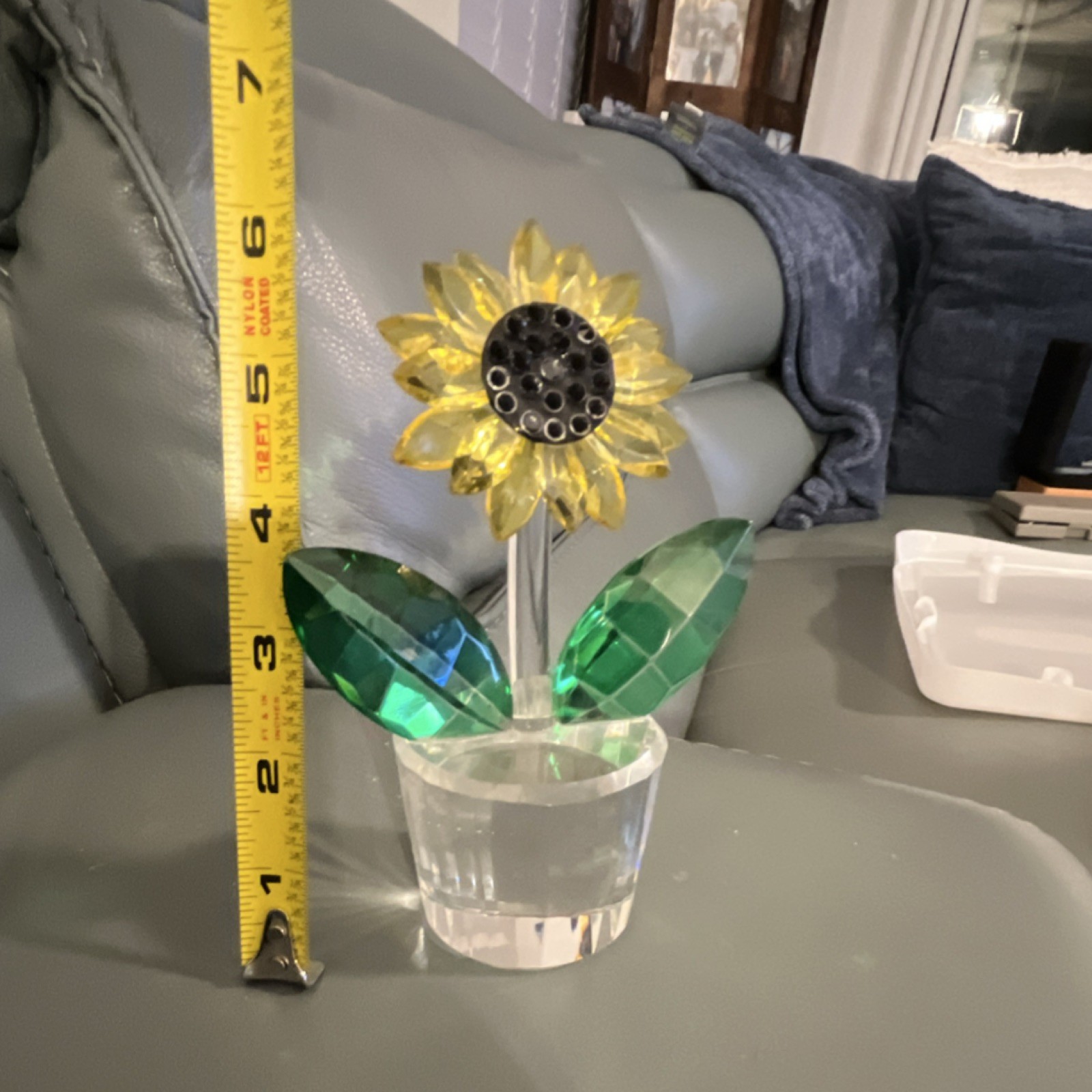 Art Glass Sunflower Figurine Yellow Green Glossy Decorative Flowers 5in