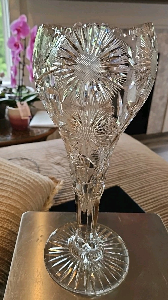 Rare Antique American Brilliant Intaglio Floral Cut Glass Large 14” Trumpet Vase
