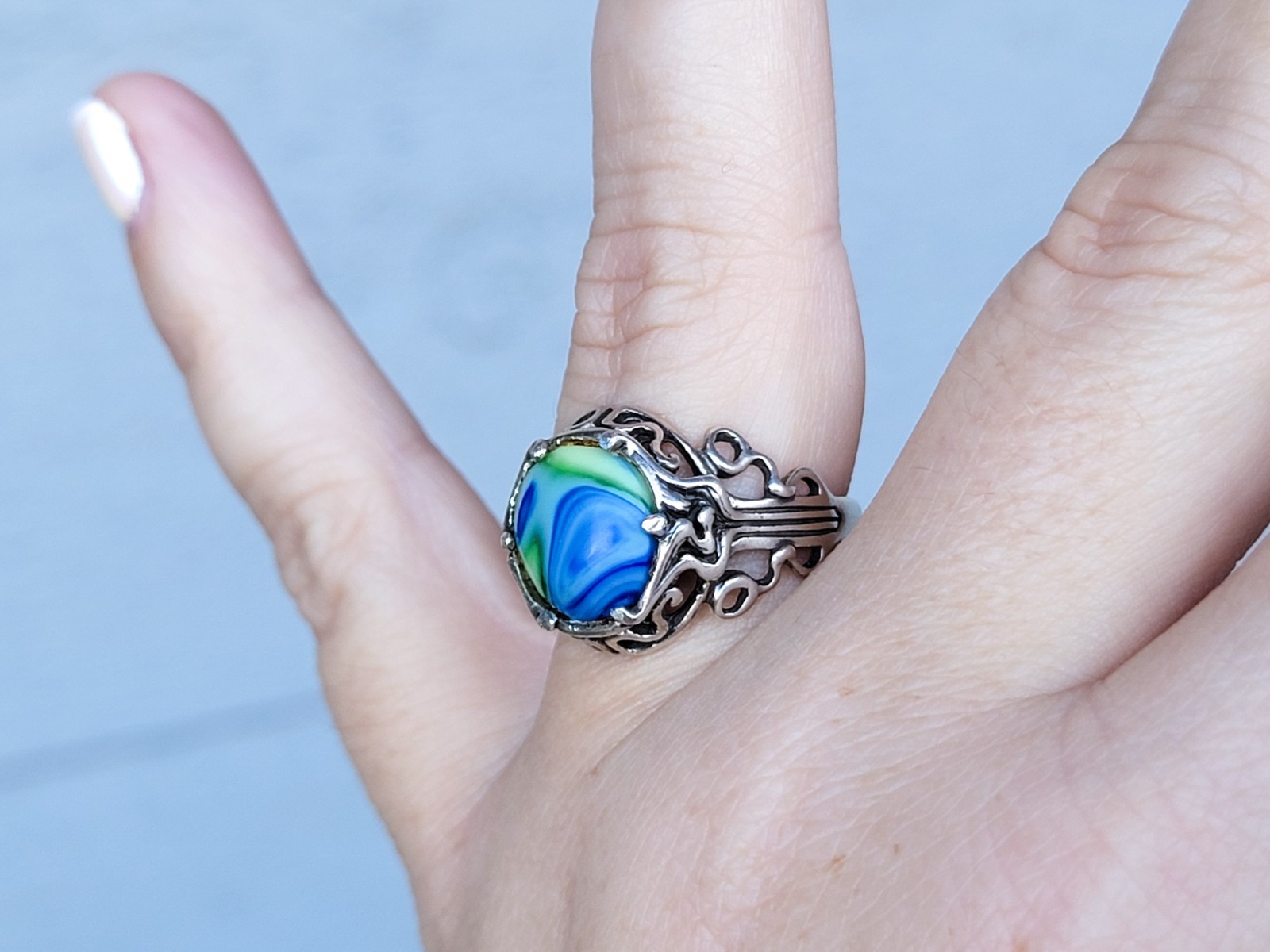 Sterling Houze Factory Slag Uranium Glass Ring Blue Green Filigree 925 Size 9.5