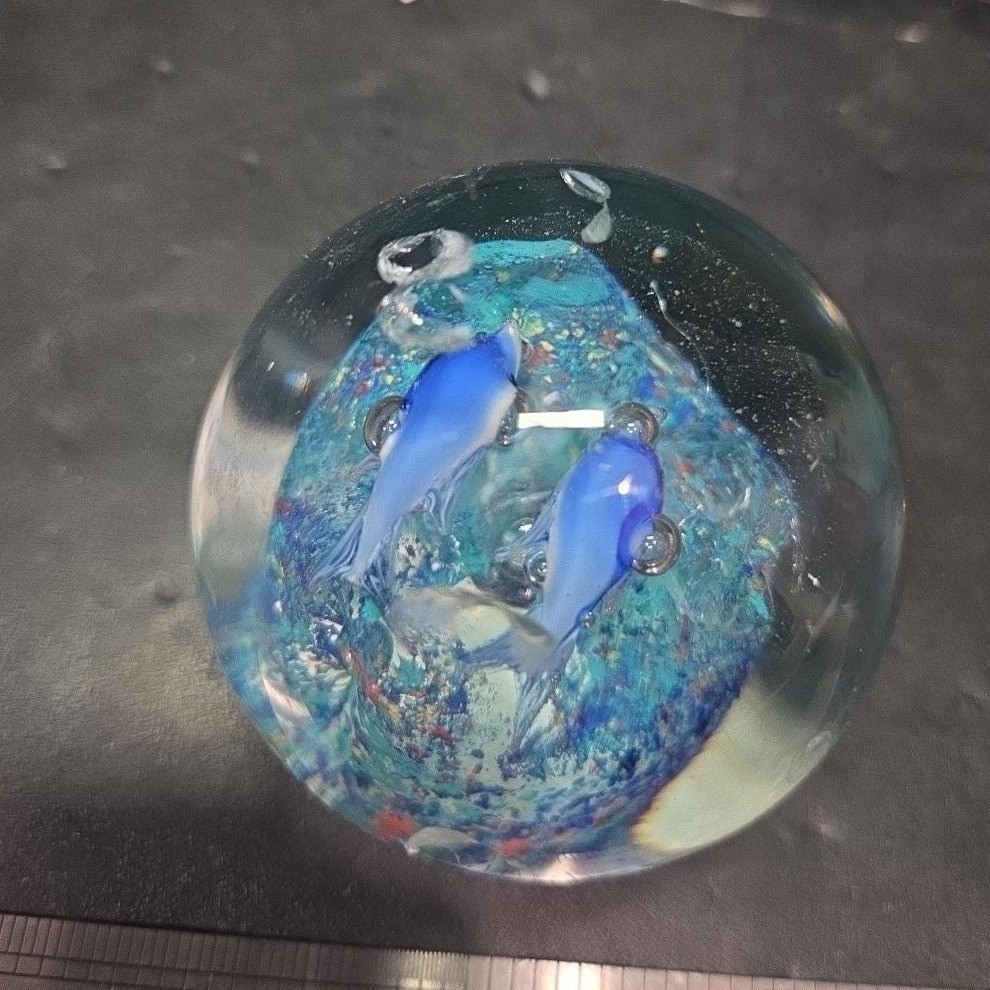 Murano Style Heavy Glass Paperweight, Nautical Seascape, Dolphin and Reef Design