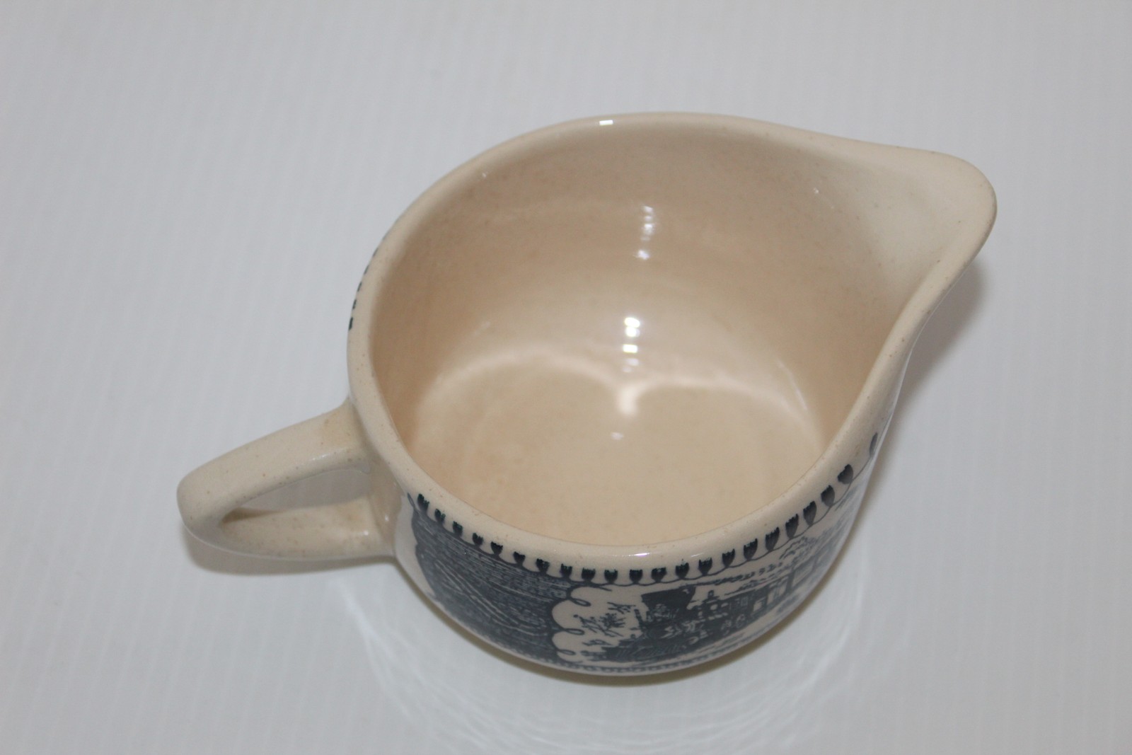 Vintage Ceramic Creamer Gravy Boat Train Locomotive Scene Blue White Farmhouse