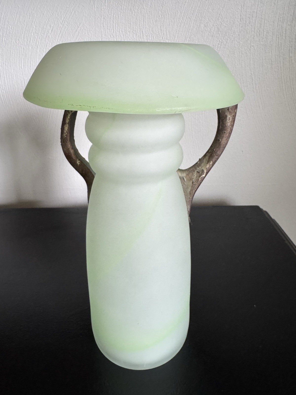 ROMBLASZNA Frosted Swirl Art Glass Vase w/ Metal Handles Romania White/Green