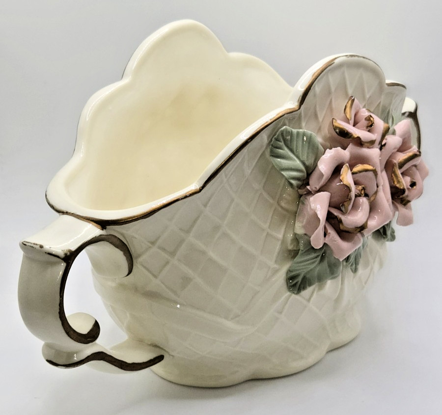 Ceramic Basket Vase Planter Raised Roses Scalloped Rim Diamond Design w/ Handles