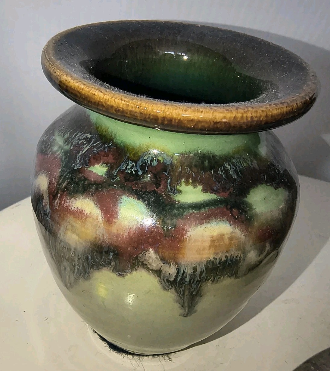 Vintage Studio Art Pottery Vases & Bowl Green & Browns Drip Glaze Set Signed RY