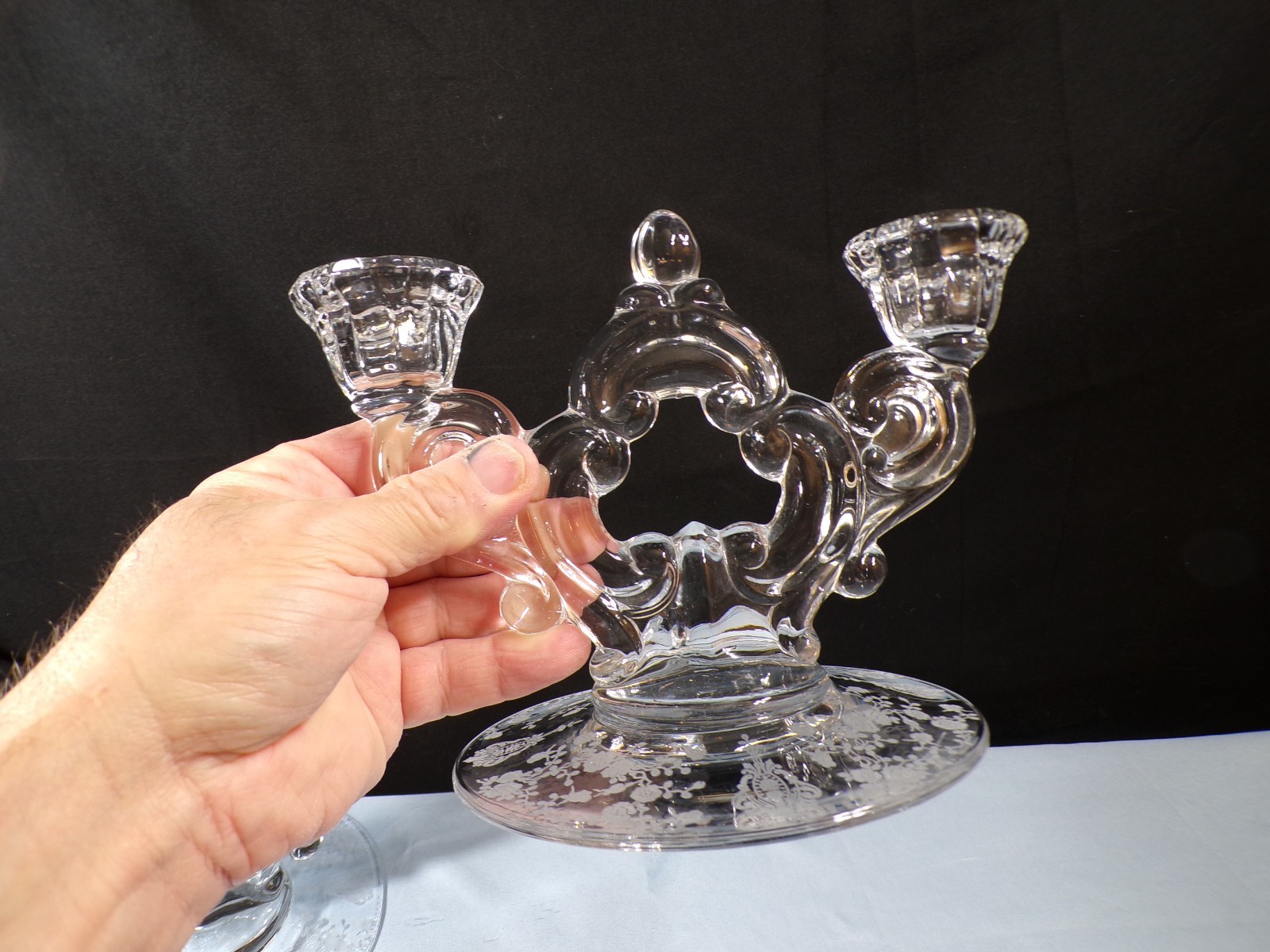 Pair of Cambridge Clear Glass Rose Point Etched Double Candle Holders