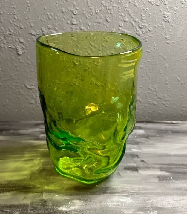 Green Hand Blown Art Glass Crinkled Paper Bag Vase Signed Wahlruh?London 2001