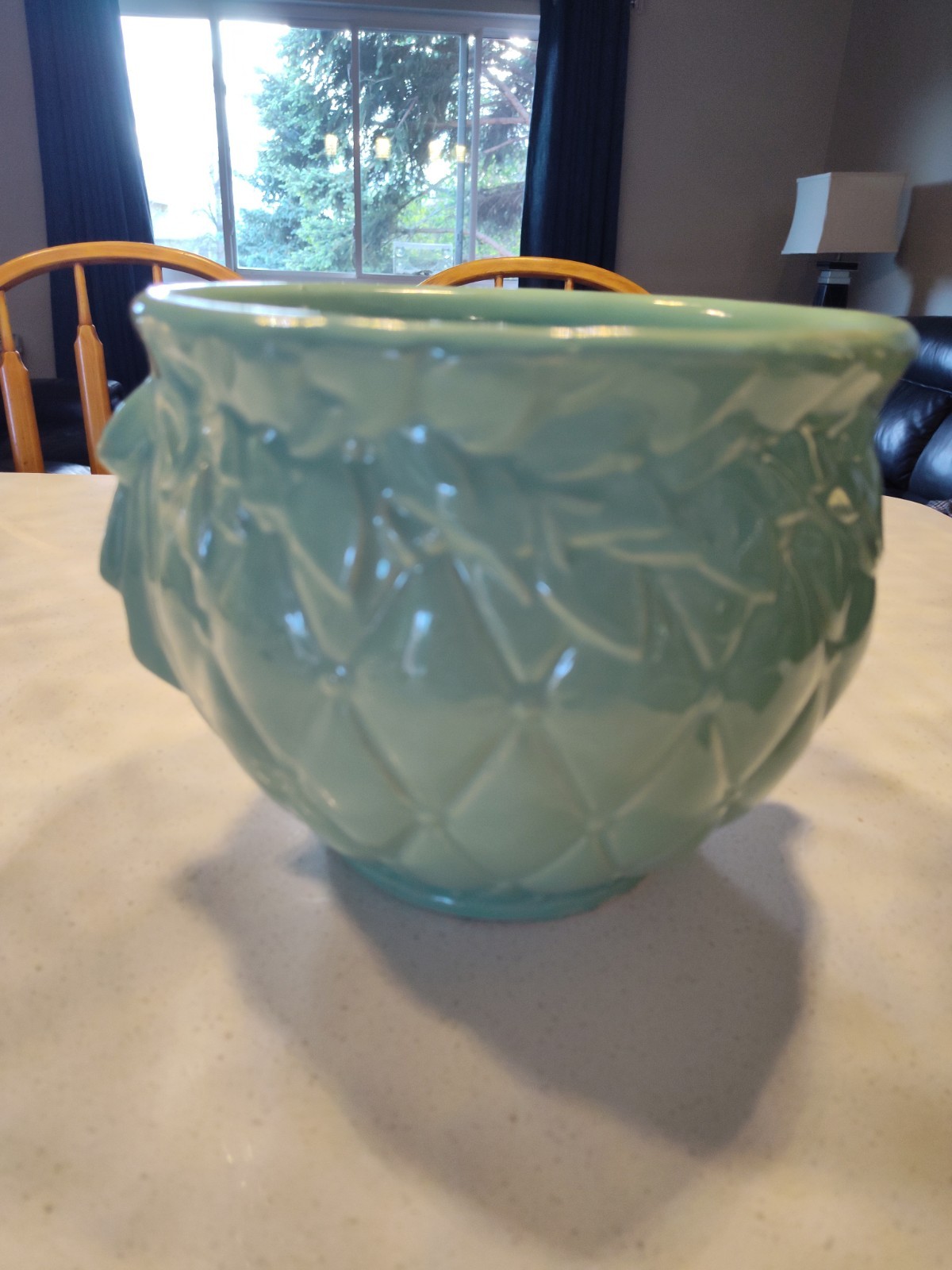 McCoy Jardiniere Quilted Pattern Planter Pot Pottery Bows Seafoam Green 7 1/2″ H