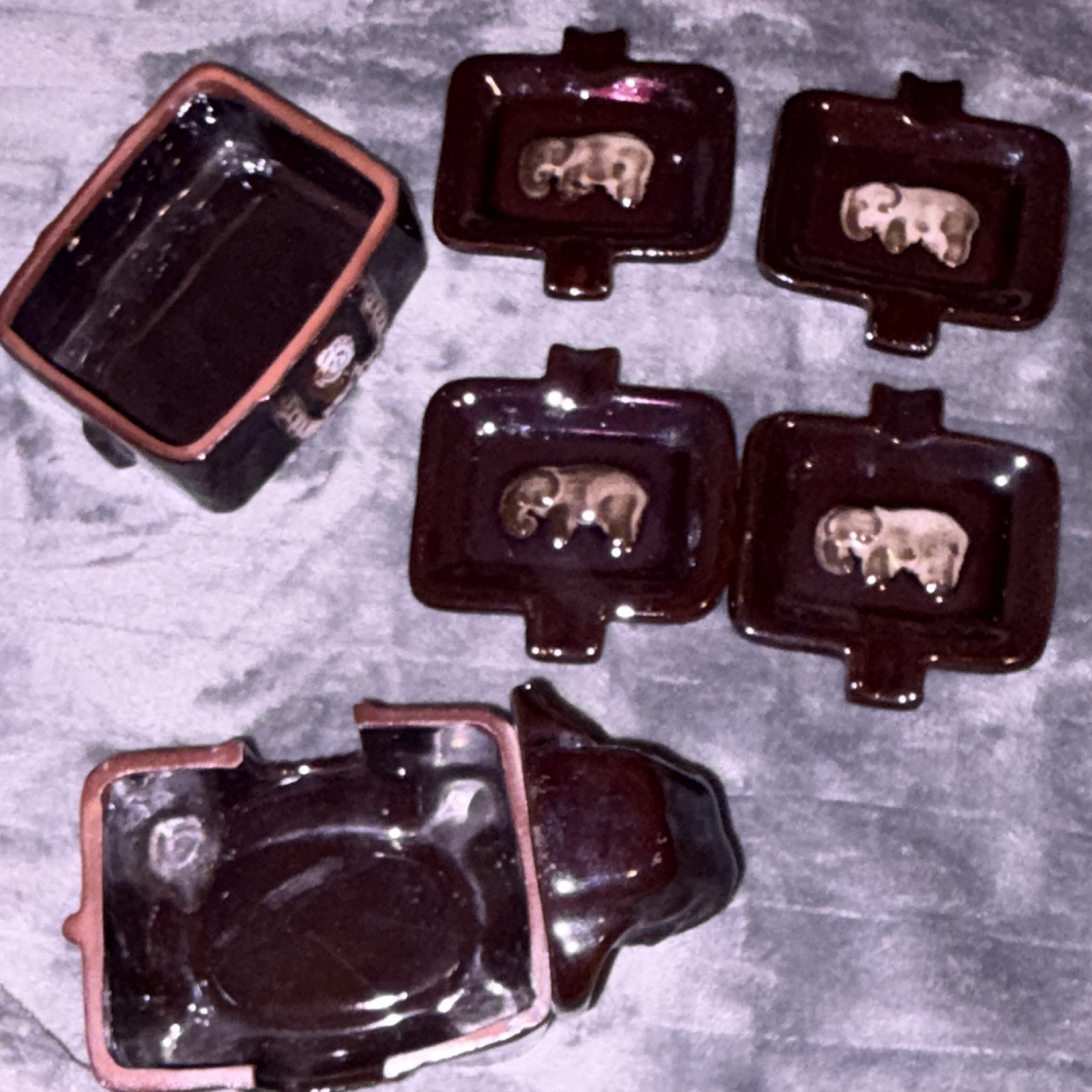 Vintage Japan Brown Glossy Ceramic Elephant Ashtray Set, Decorative Rectangular