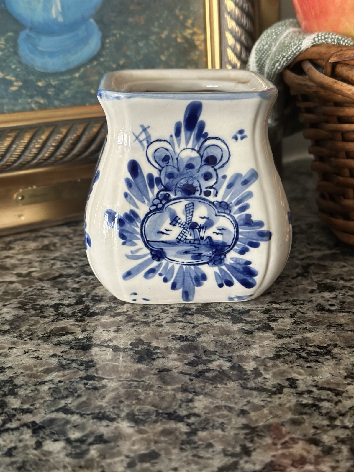 Vintage Handpainted Delft Blue Mini Vase Windmill Holland Square Bud Vase