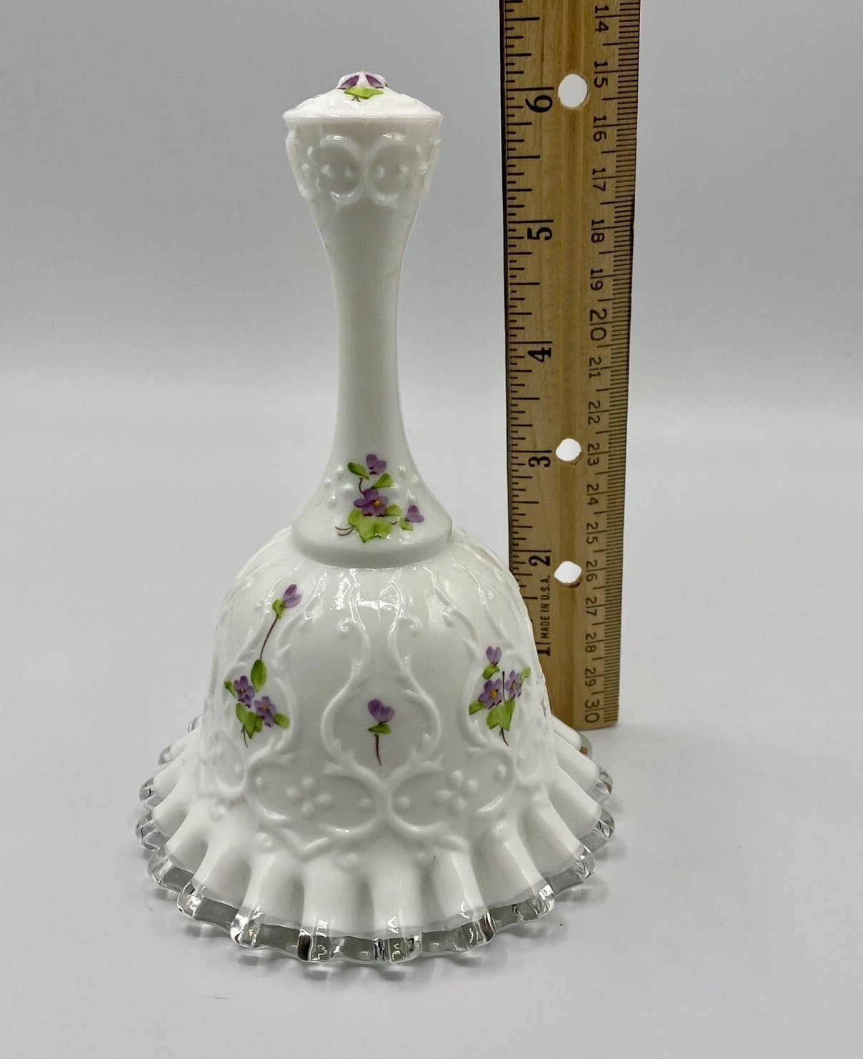 VTG Fenton Milk Glass Violets in Snow Spanish Lace Bell Silver Crest Signed 6”