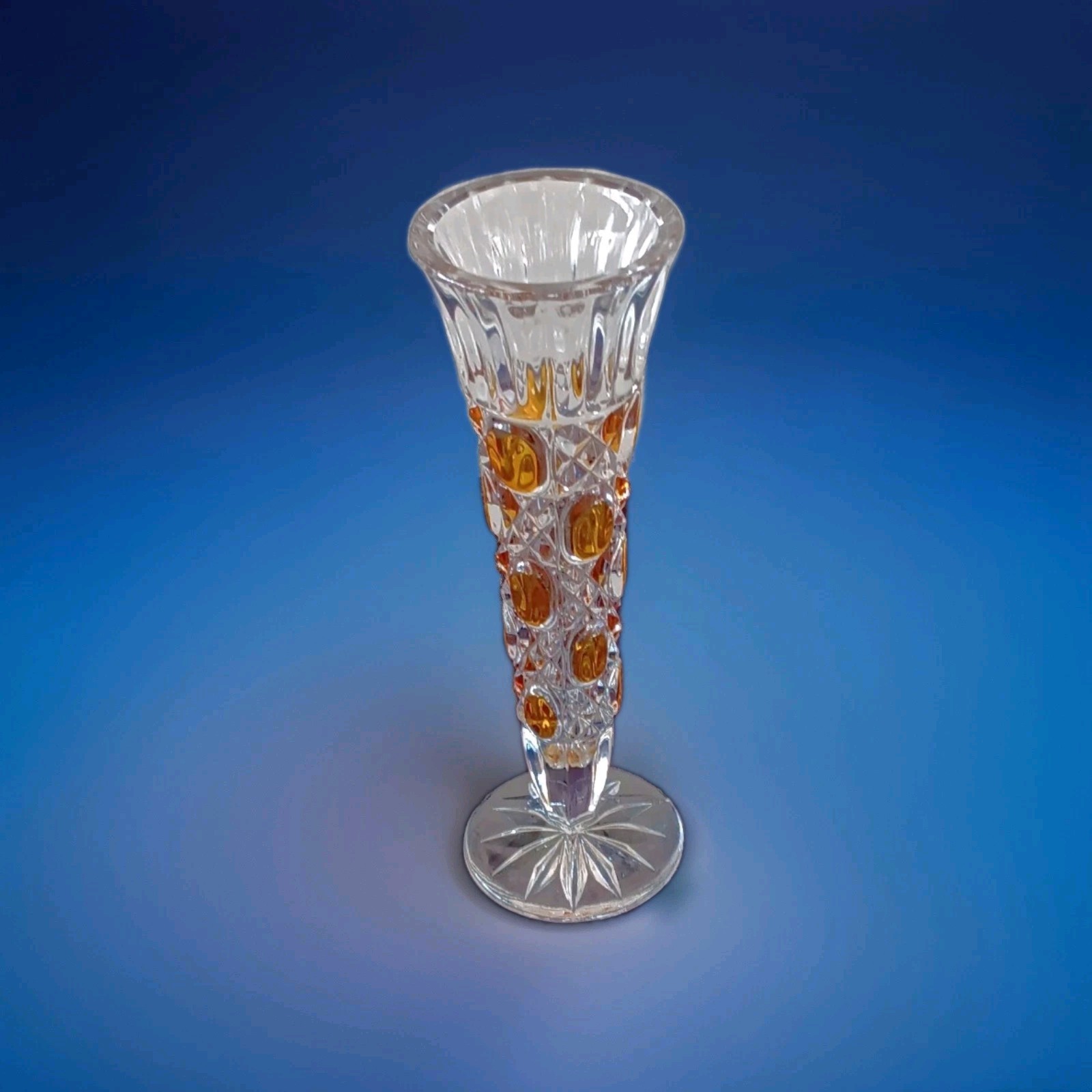 Anna Hutte Vintage Lead Crystal Bud Vase with Amber Colored Pattern 8″ Clear