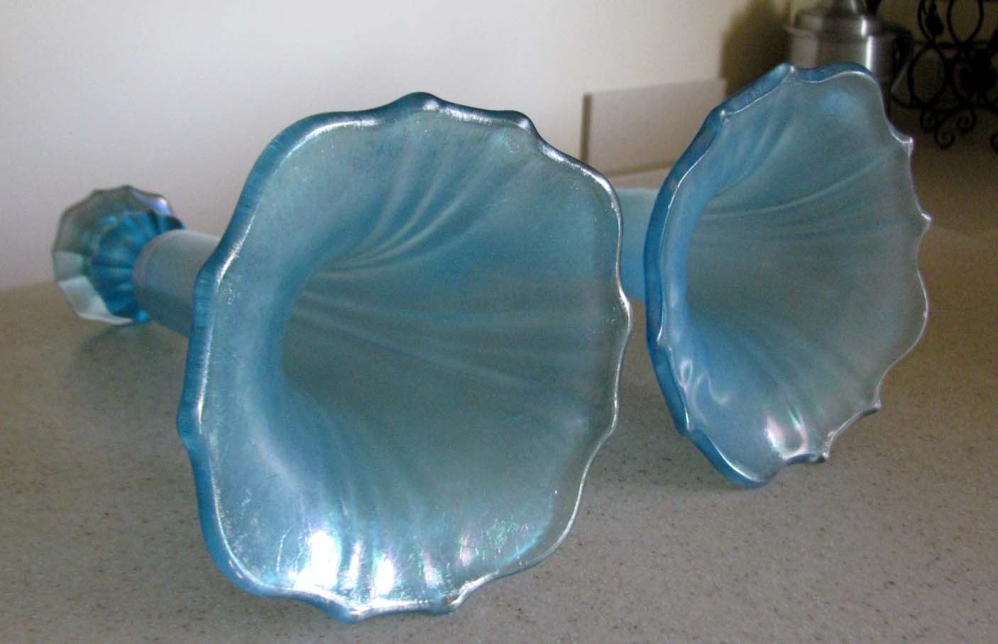 Tiffin Glass/U.S. Glass Celeste Blue Stretch #310 Candleholders circa 1910-1930s