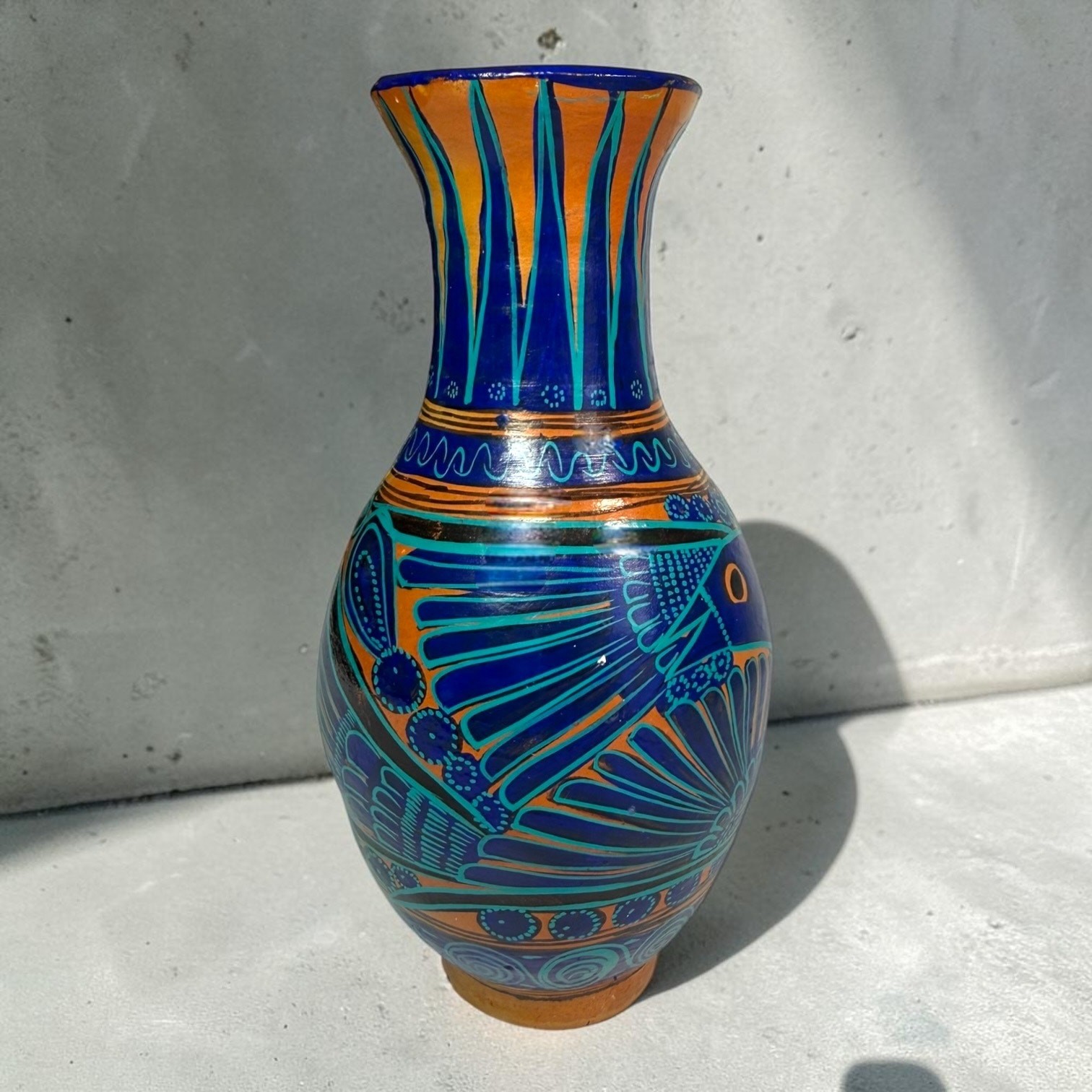 Vintage Mexican Folk Art Vase Talavera Blue Bird Wheel Thrown Terracotta Pottery