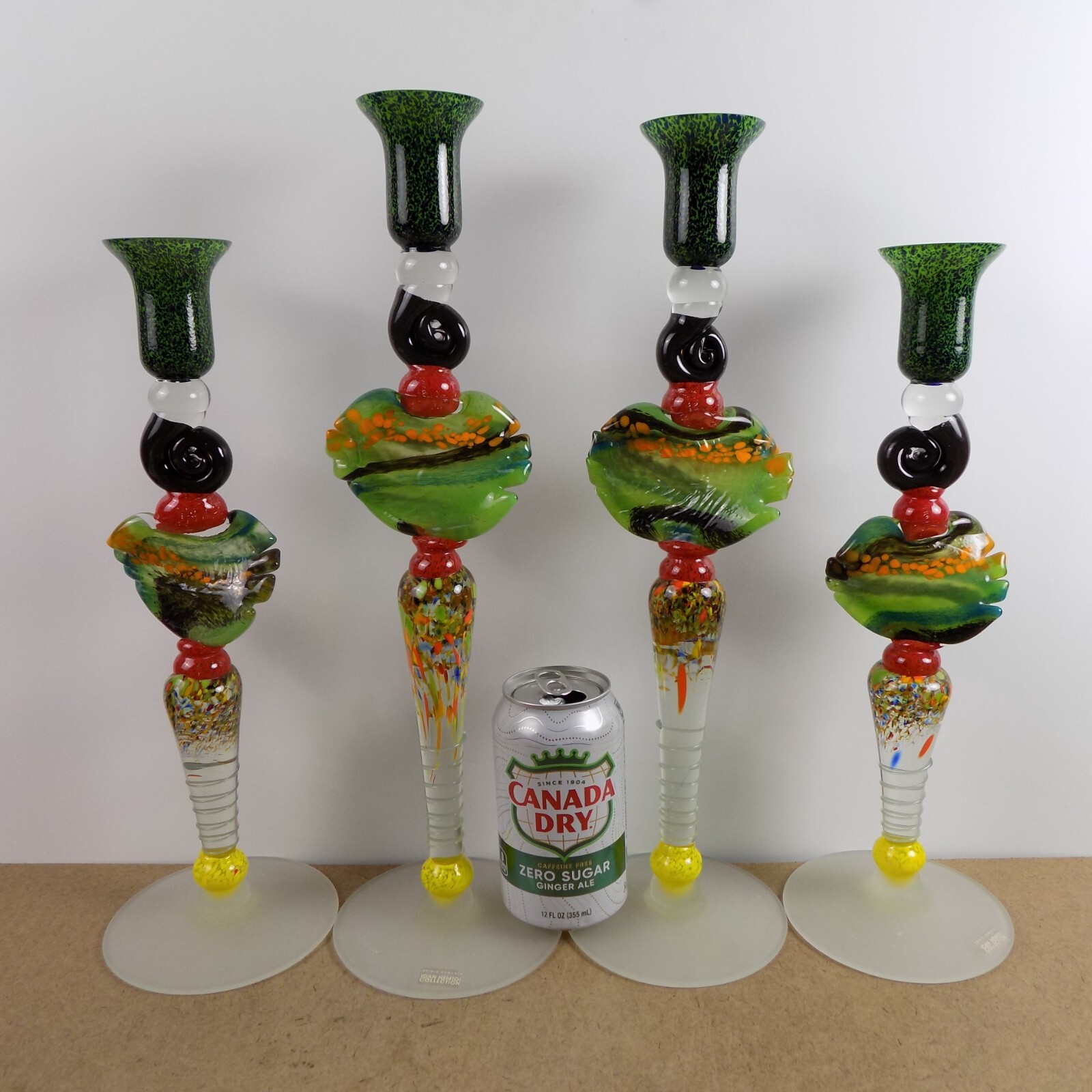 4 Ioan Nemtoi Art Glass Candlesticks Made in Romania Modern Design Signed