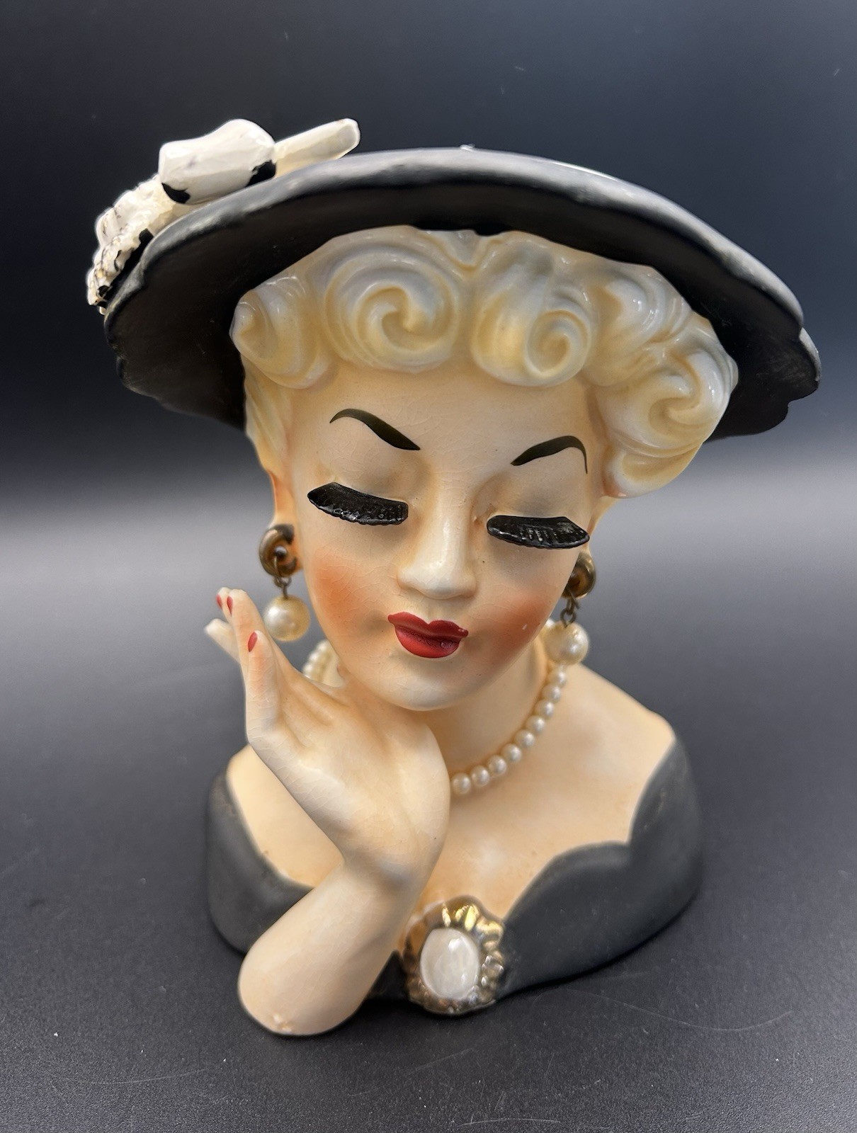 VTG Velco Japan Lady Head Vase Black Hat & Top, Gold Trim, Pearls, Brooch 5”