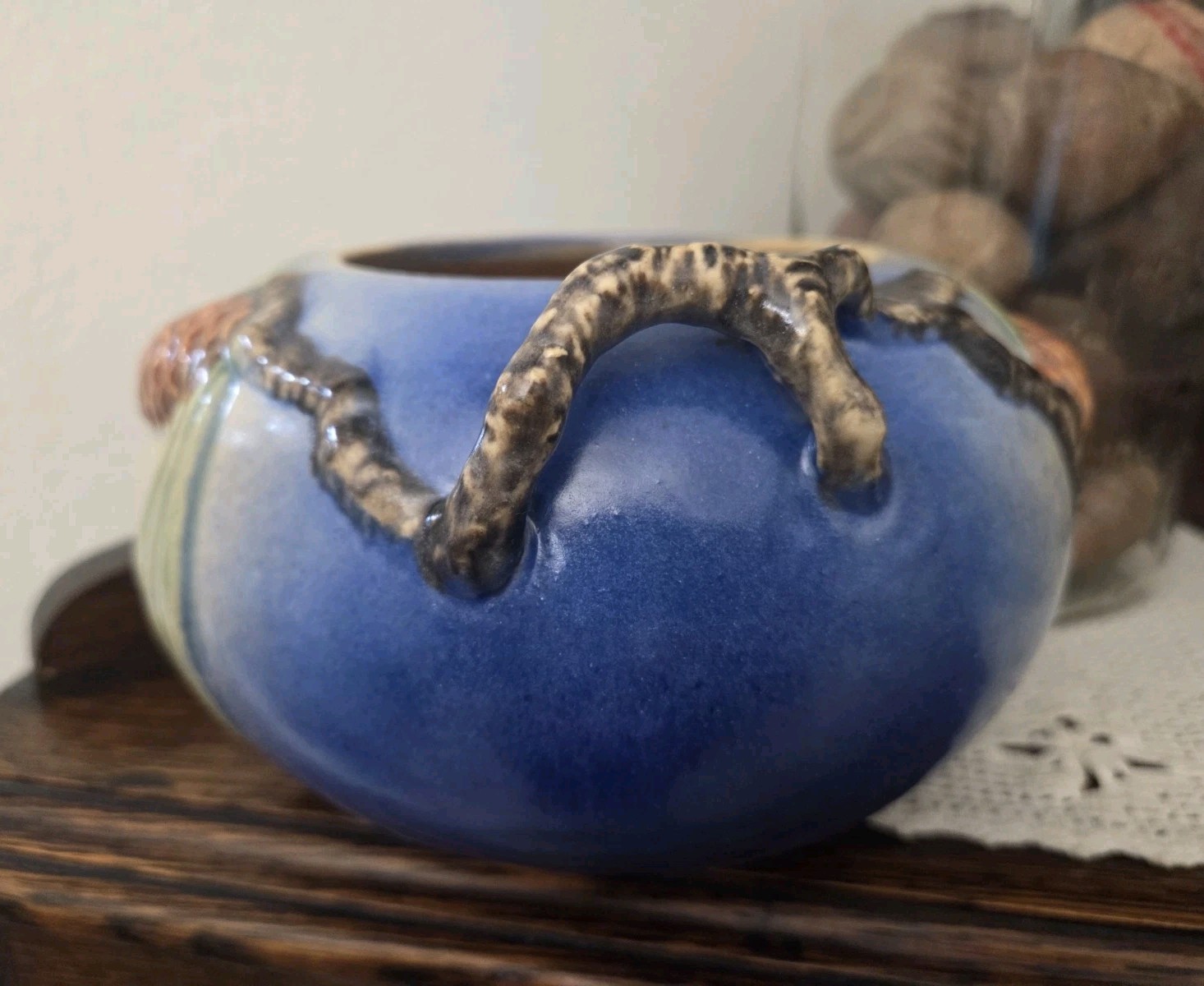 Vintage Roseville Pottery Pine Cone Deep Blue Jardinere Vase #278-4