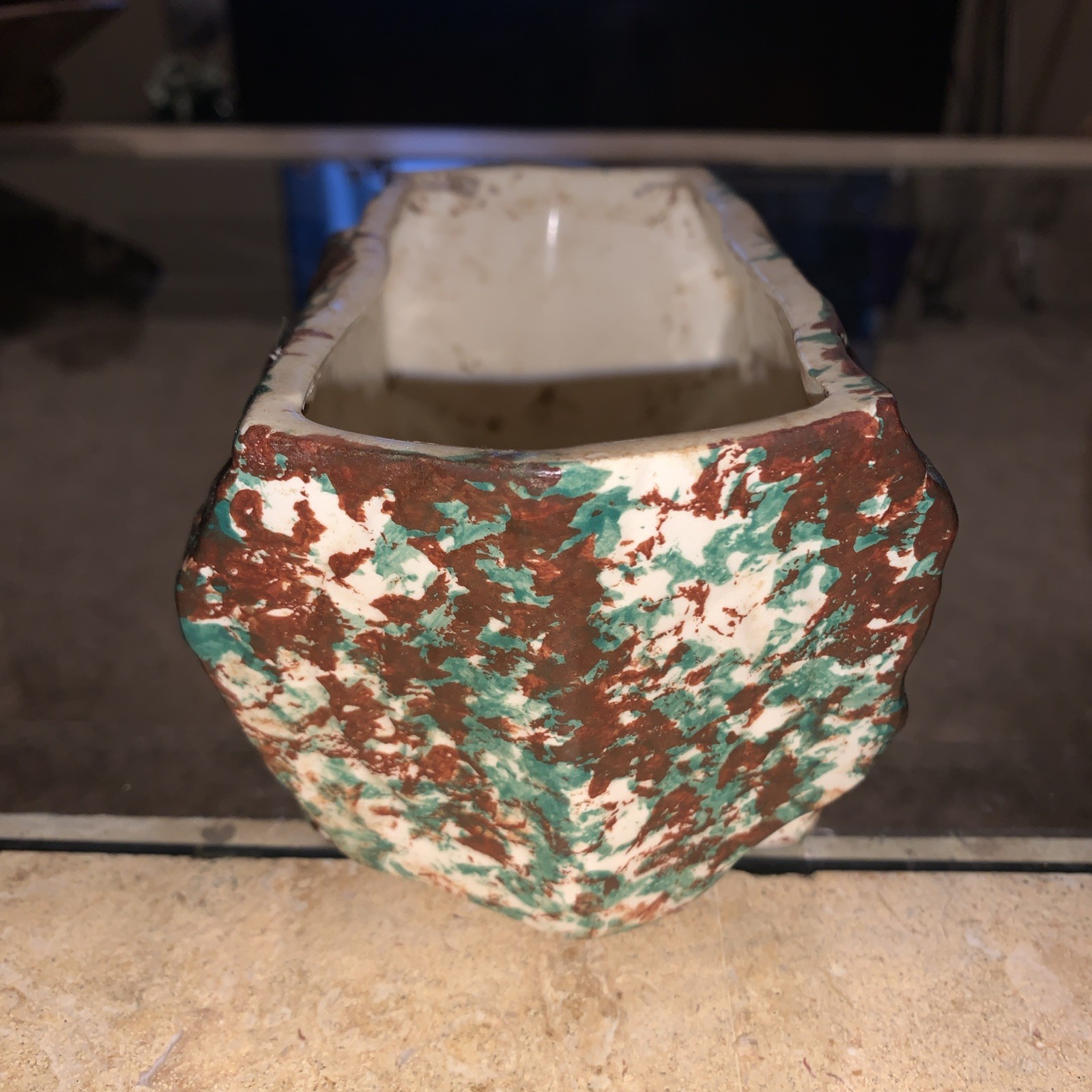Vintage Ceramic Green Brown Splatter Pottery Planter 7″x3.5″x3″ Succulent Plants